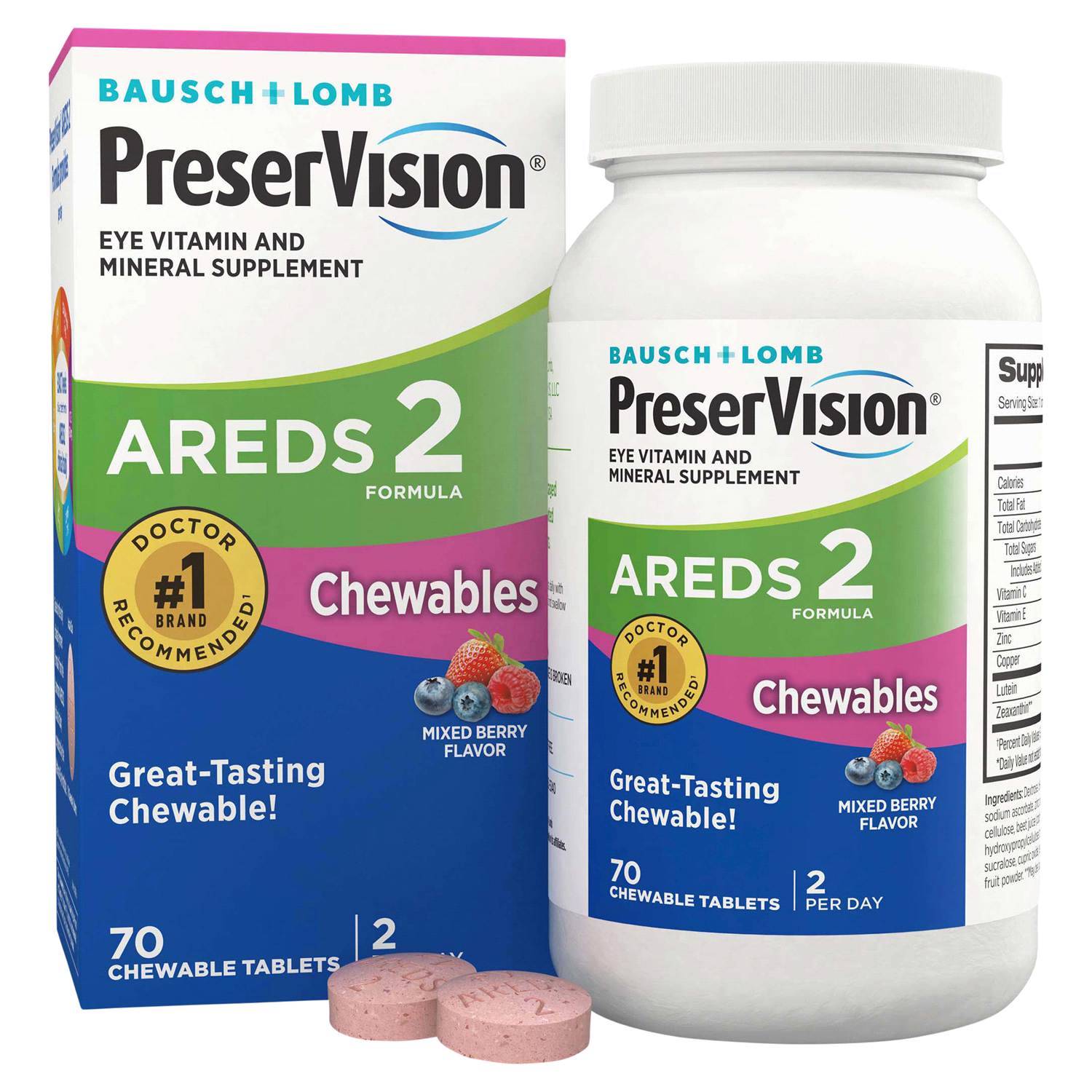 slide 4 of 4, PreserVision AREDS 2 Formula Eye Vitamin and Mineral Supplement with Lutein & Zeaxanthin, Mixed Berry Flavor, 70 Chewable Tablets, 70 ct