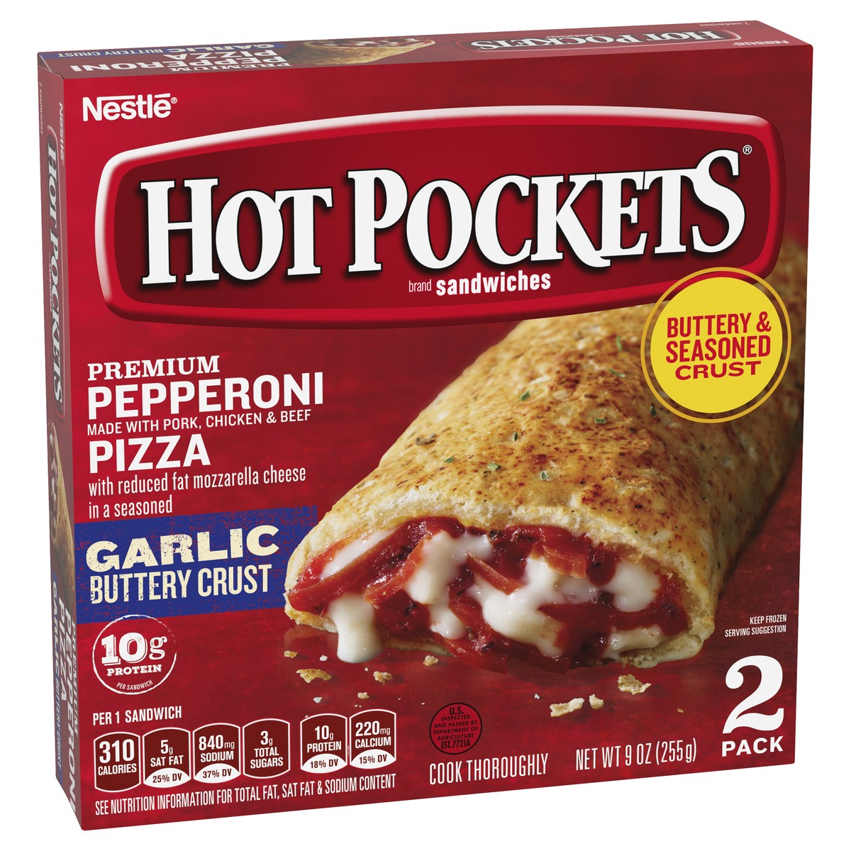 slide 2 of 8, Hot Pockets Pepperoni Pizza Frozen Snacks, Pizza Snacks Made with Reduced Fat Mozzarella Cheese, 2 Count Frozen Sandwiches, 9 oz