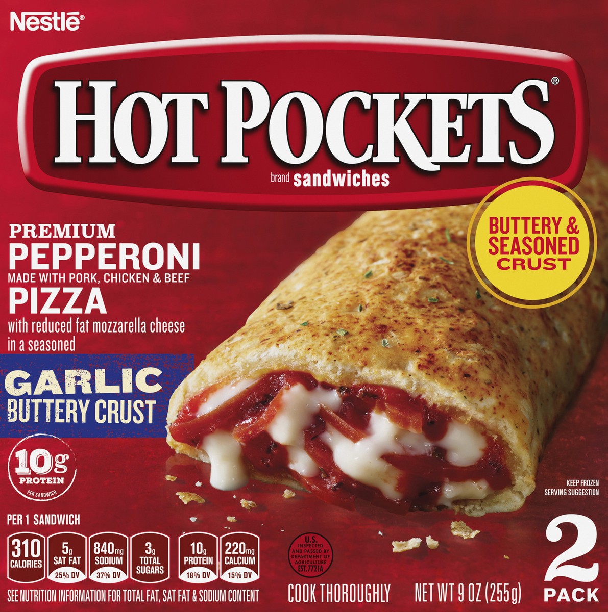 slide 5 of 8, Hot Pockets Pepperoni Pizza Frozen Snacks, Pizza Snacks Made with Reduced Fat Mozzarella Cheese, 2 Count Frozen Sandwiches, 9 oz