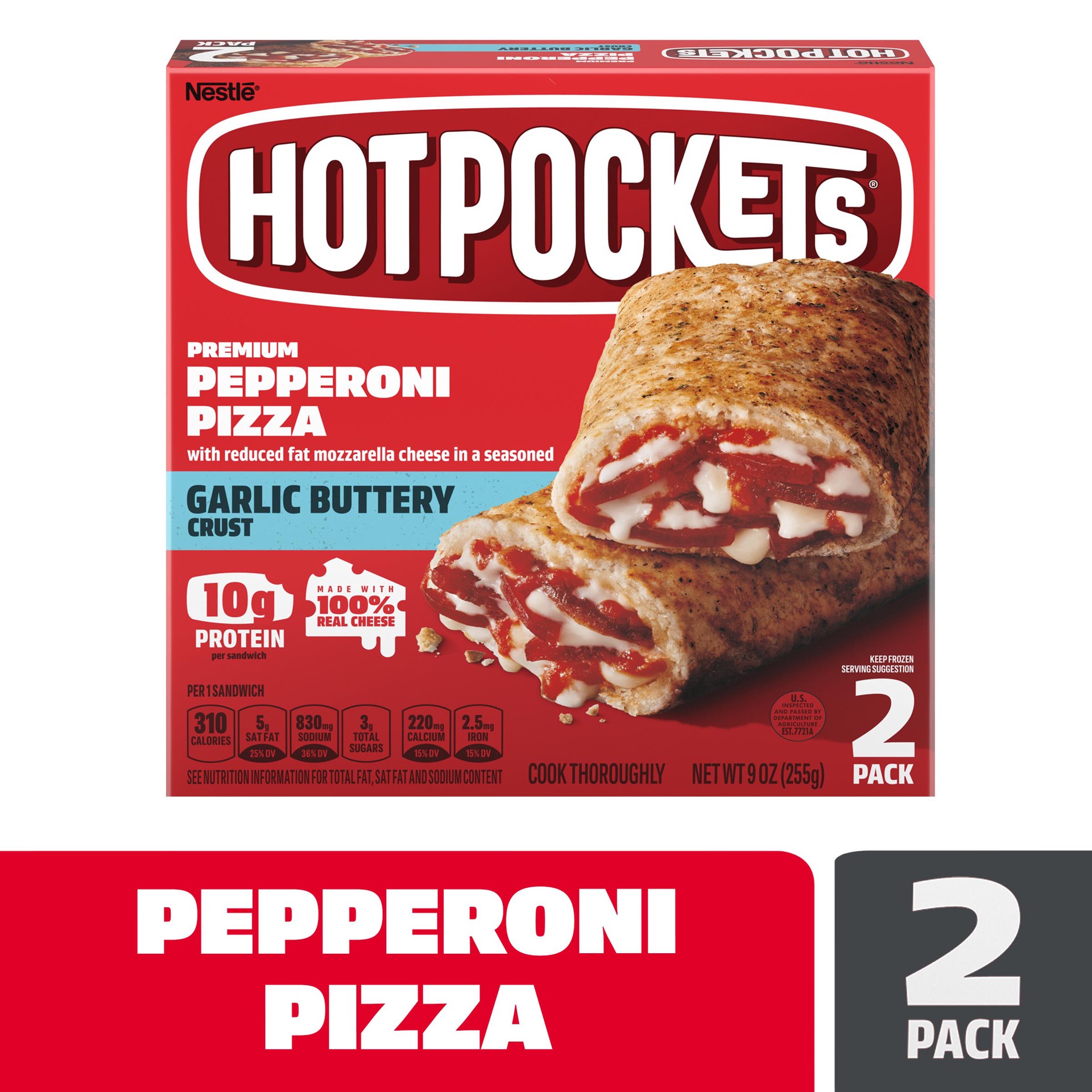 slide 1 of 6, Hot Pockets Premium Pepperoni Pizza Frozen Sandwiches, 2 ct; 9 oz