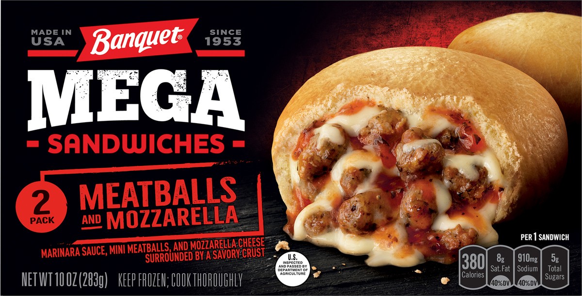 slide 6 of 11, Banquet Mega 2 Pack Meatballs and Mozzarella Sandwiches 2 ea, 2 ct