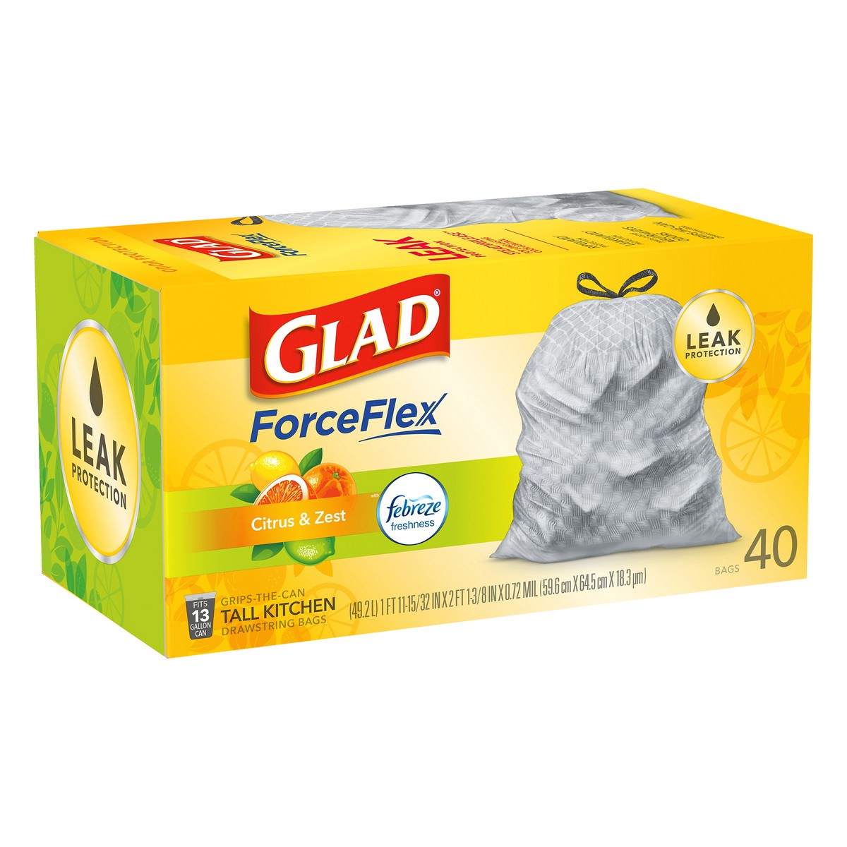 slide 6 of 8, Glad Force Flex Drawstring Citrus Zest Odor Shield 13 Gallon 40ct, 40 ct