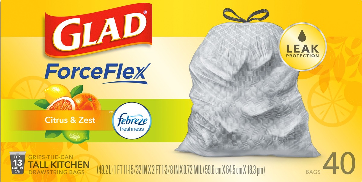 slide 8 of 8, Glad Force Flex Drawstring Citrus Zest Odor Shield 13 Gallon 40ct, 40 ct