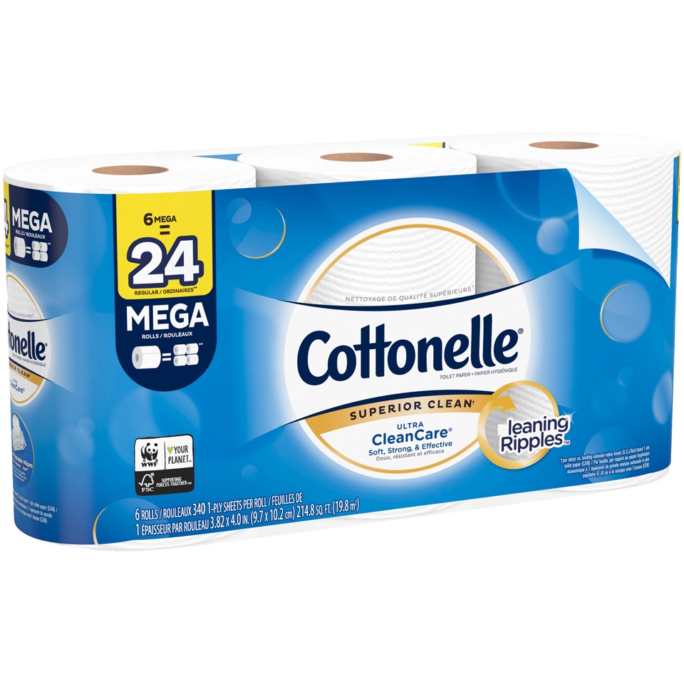 slide 2 of 3, Cottonelle Clean Care 6 Mega Roll Bath Tissue, 240.6 sq ft