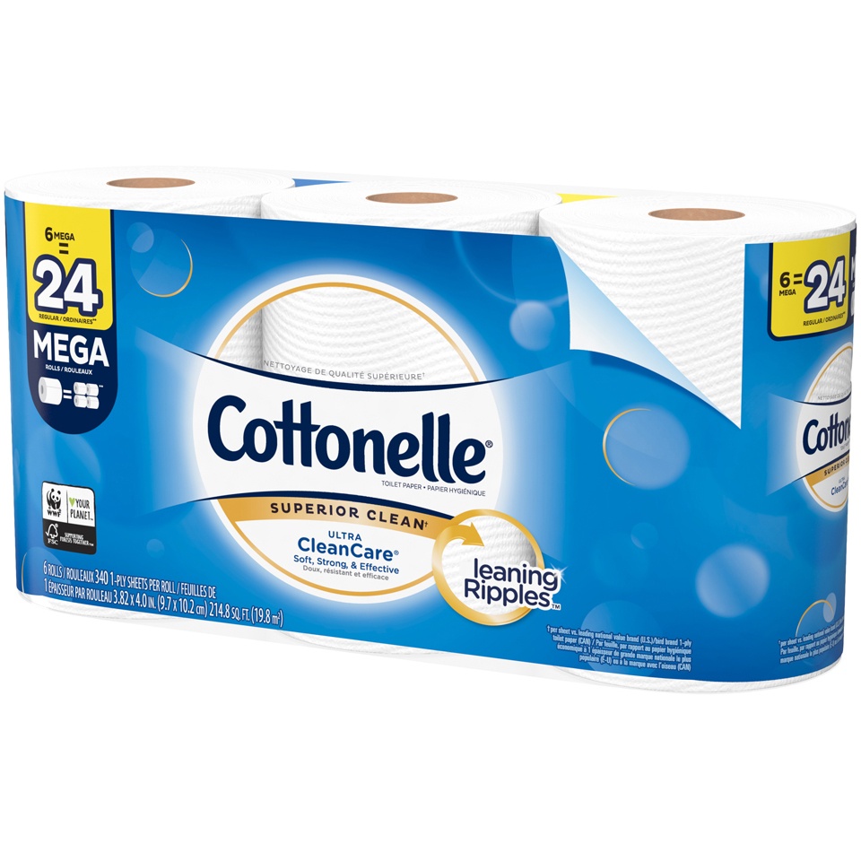 slide 3 of 3, Cottonelle Clean Care 6 Mega Roll Bath Tissue, 240.6 sq ft