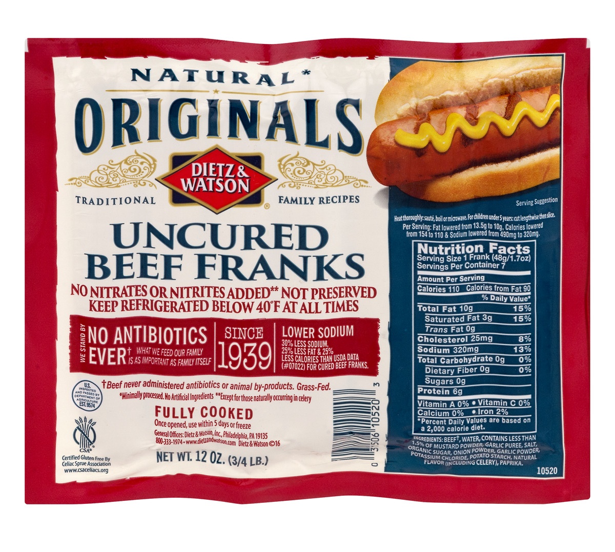 slide 1 of 1, Dietz & Watson Originals - Uncured Beef Franks, 8 ct; 12 oz