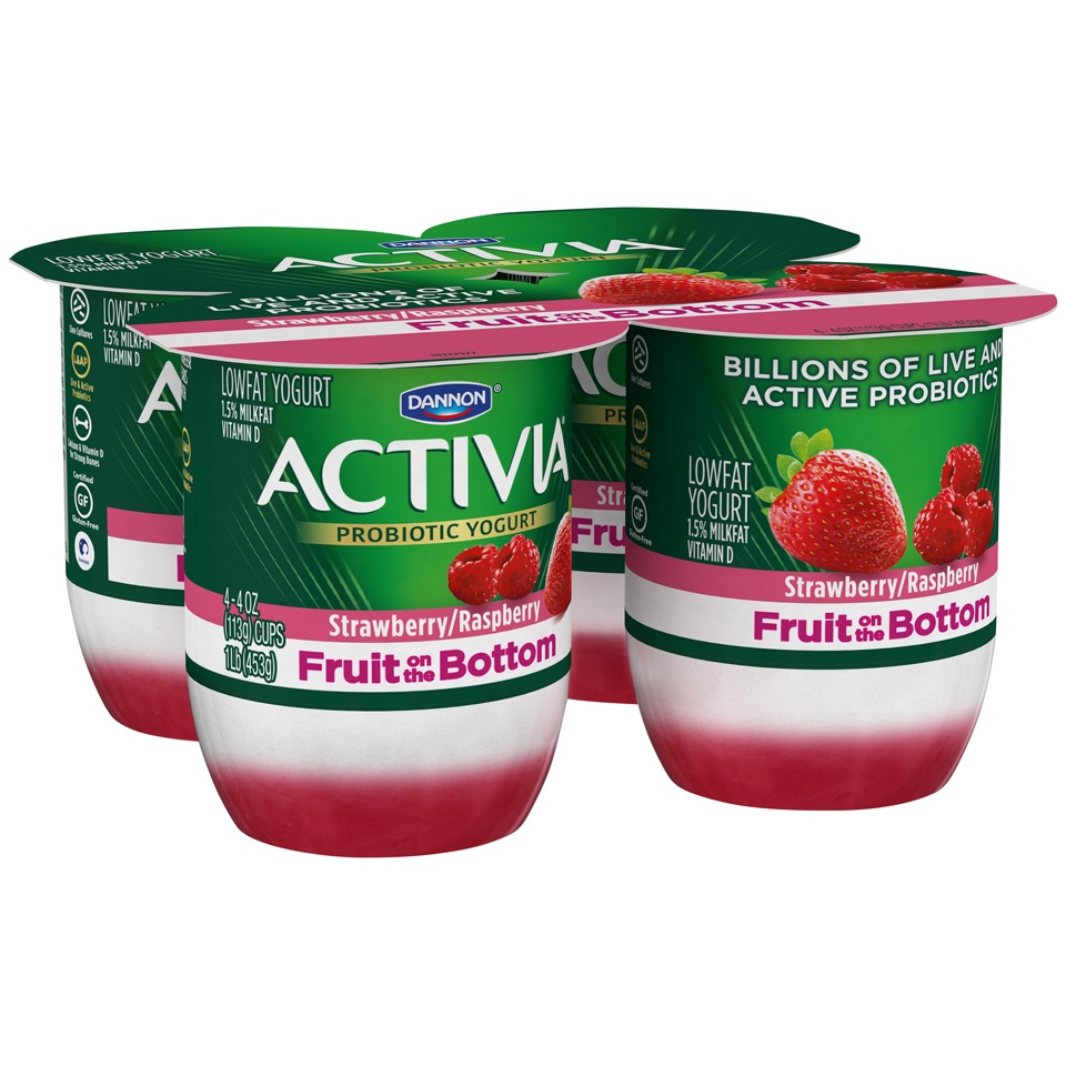 slide 3 of 8, Activia Fruit Fusion Lowfat Yogurt, Strawberry & Raspberry, 4 ct; 4 oz