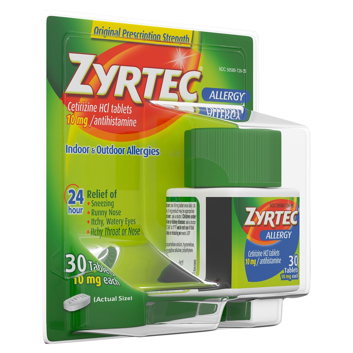 slide 5 of 7, Zyrtec 24 Hour Allergy Relief Tablets, Indoor & Outdoor Allergy Medicine with 10 mg Cetirizine HCl per Antihistamine Tablet, Relief from Runny Nose, Sneezing, Itchy Eyes & More, 30 ct, 30 ct
