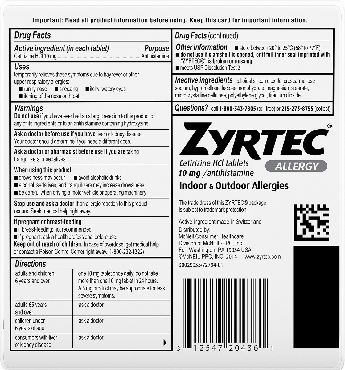 slide 3 of 7, Zyrtec 24 Hour Allergy Relief Tablets, Indoor & Outdoor Allergy Medicine with 10 mg Cetirizine HCl per Antihistamine Tablet, Relief from Runny Nose, Sneezing, Itchy Eyes & More, 30 ct, 30 ct