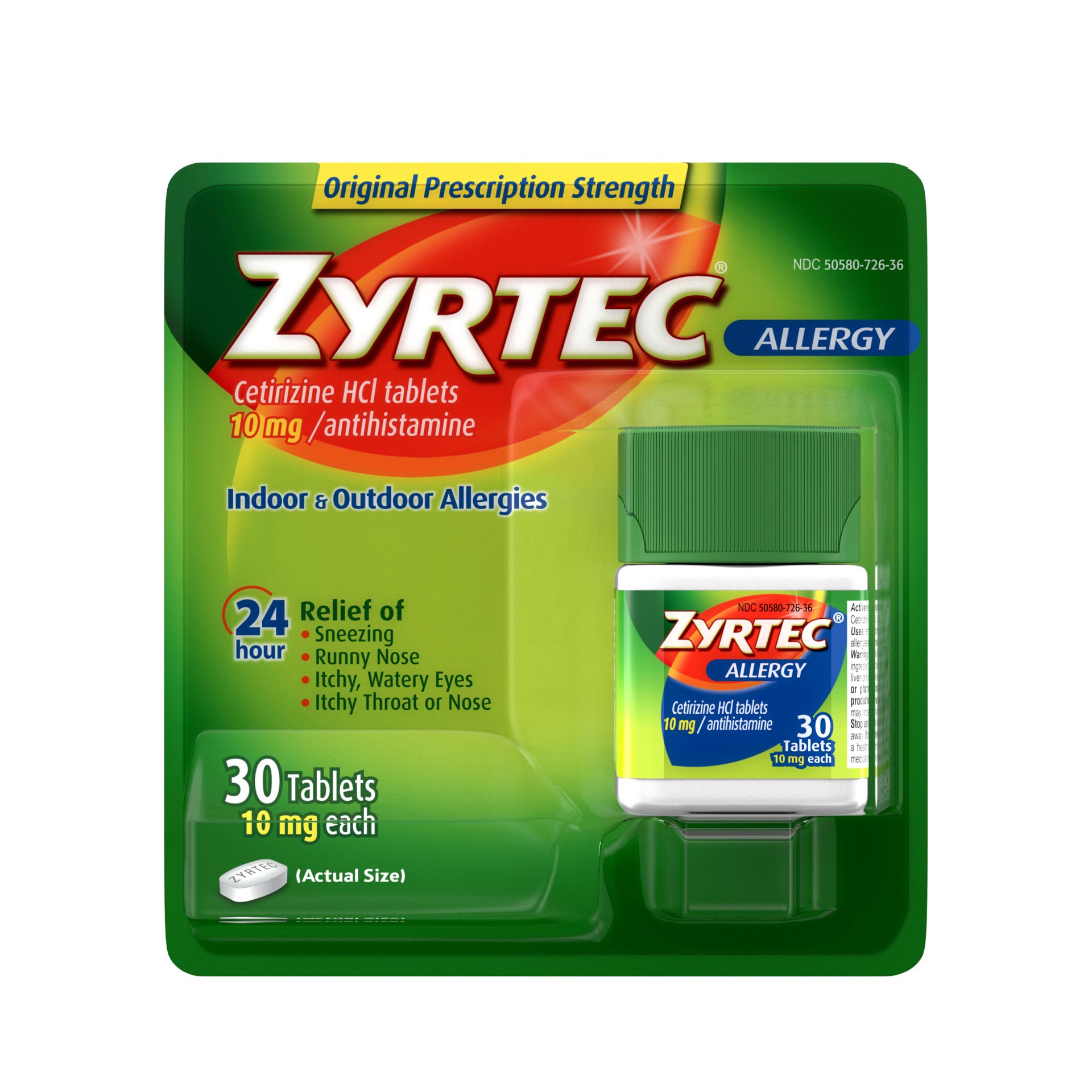 slide 1 of 7, Zyrtec 24 Hour Allergy Relief Tablets, Indoor & Outdoor Allergy Medicine with 10 mg Cetirizine HCl per Antihistamine Tablet, Relief of Allergies Caused by Ragweed & Tree Pollen, 30) ct, 30 ct