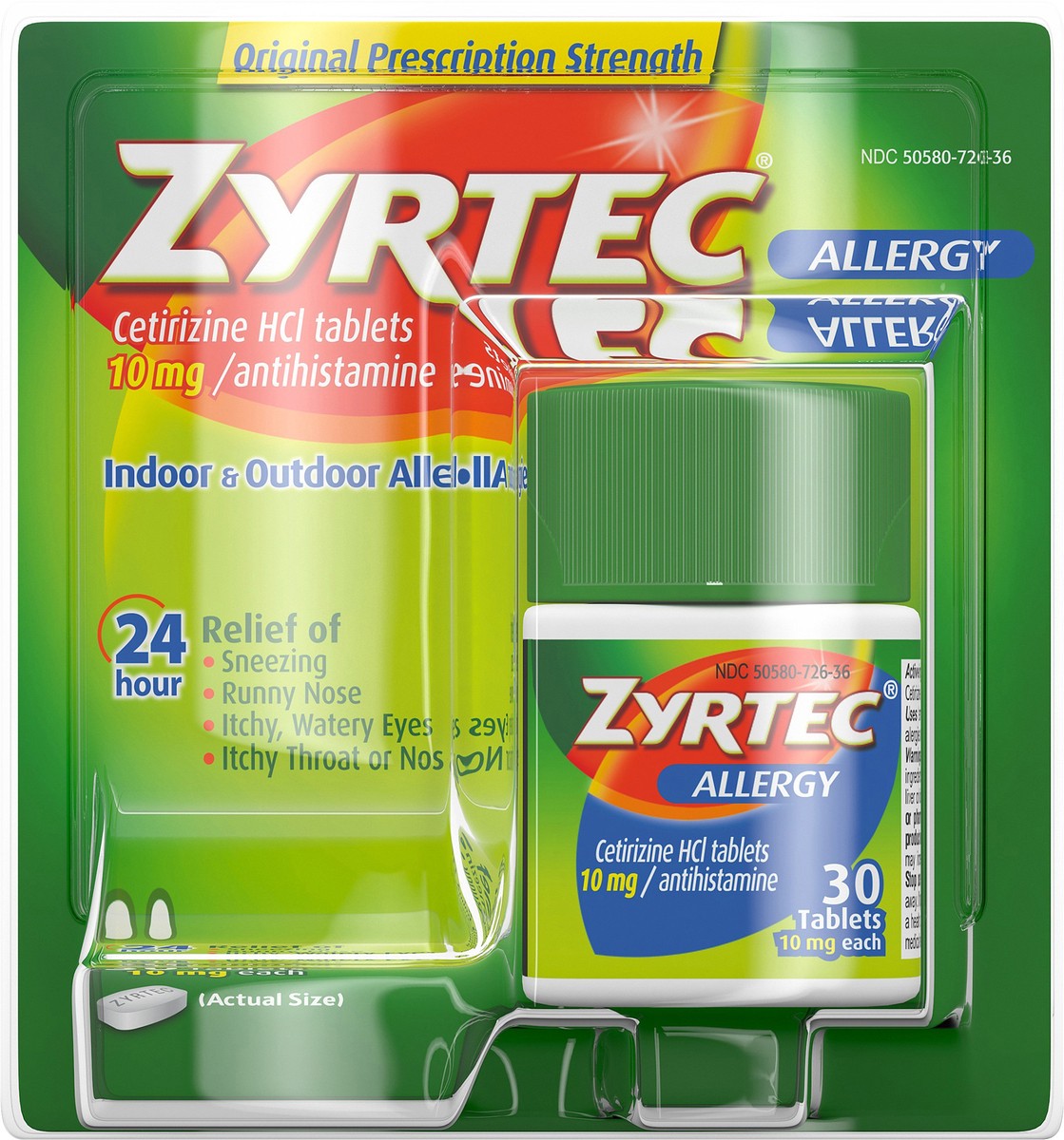 slide 6 of 7, Zyrtec 24 Hour Allergy Relief Tablets, Indoor & Outdoor Allergy Medicine with 10 mg Cetirizine HCl per Antihistamine Tablet, Relief from Runny Nose, Sneezing, Itchy Eyes & More, 30 ct, 30 ct