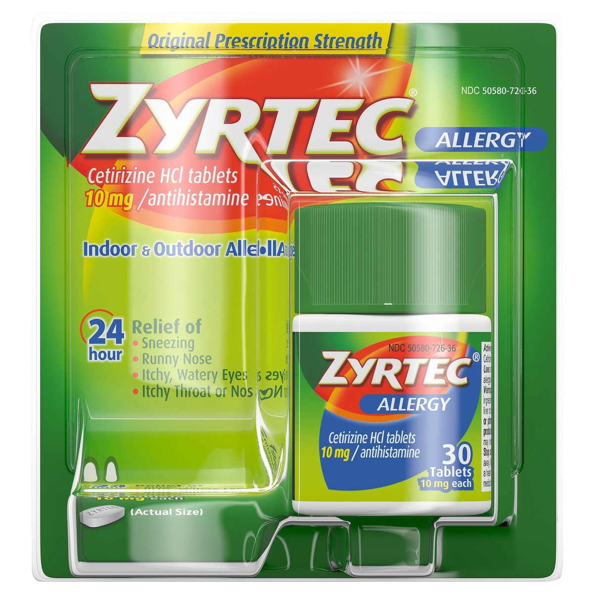 slide 1 of 7, Zyrtec 24 Hour Allergy Relief Tablets, Indoor & Outdoor Allergy Medicine with 10 mg Cetirizine HCl per Antihistamine Tablet, Relief from Runny Nose, Sneezing, Itchy Eyes & More, 30 ct, 30 ct