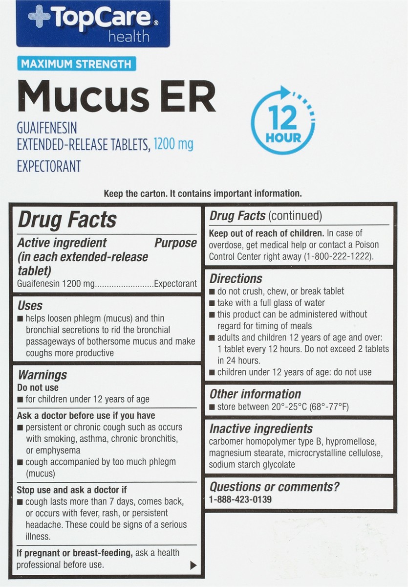 slide 13 of 14, TopCare Health Tablets Maximum Strength 1200 mg Mucus ER 28 Tablets, 28 ct
