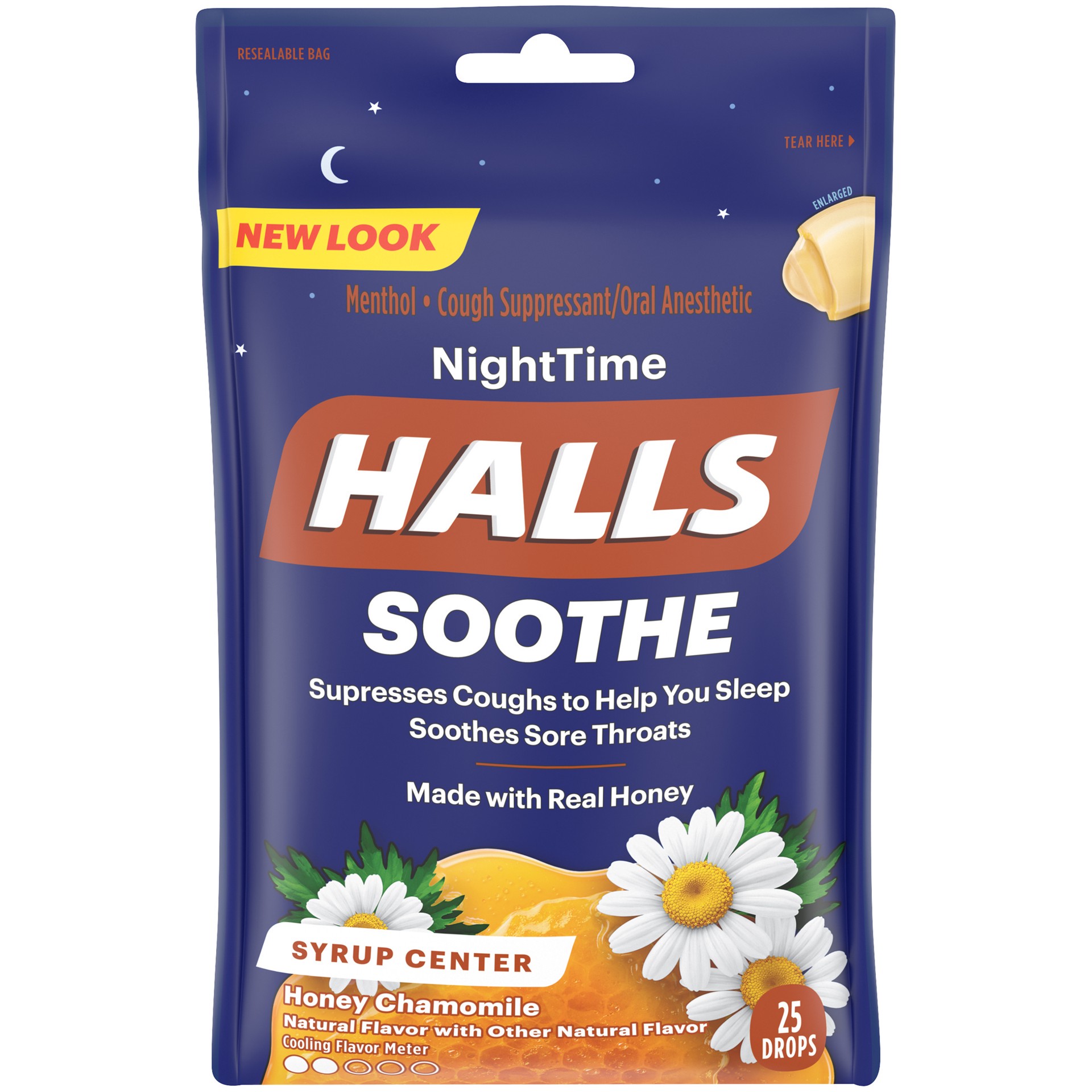 slide 4 of 4, HALLS Soothe Night Time Honey Chamomile Flavor Cough Drops, 1 Bag (25 Total Drops), 0.20 lb