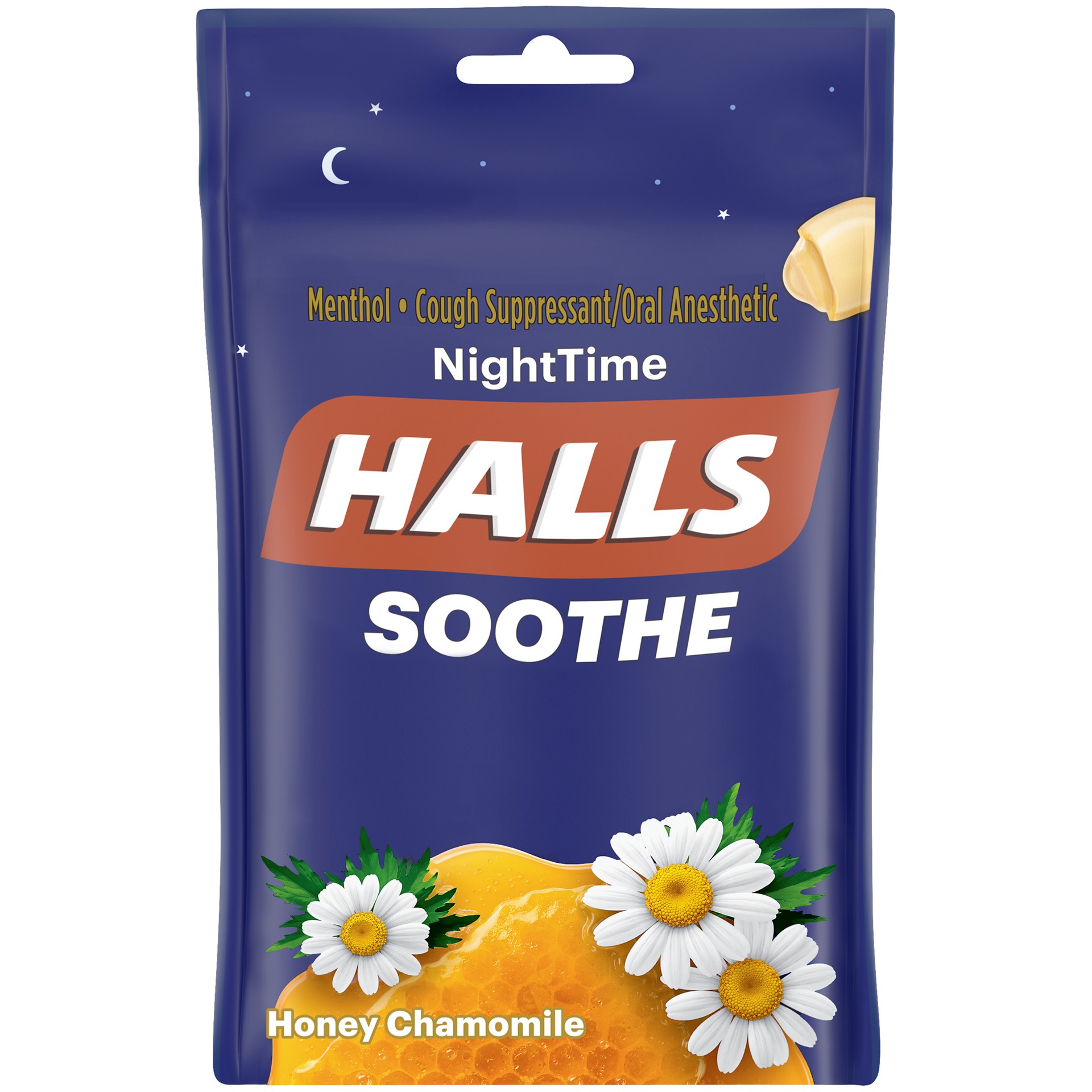 slide 1 of 4, HALLS Soothe Night Time Honey Chamomile Flavor Cough Drops, 1 Bag (25 Total Drops), 0.20 lb