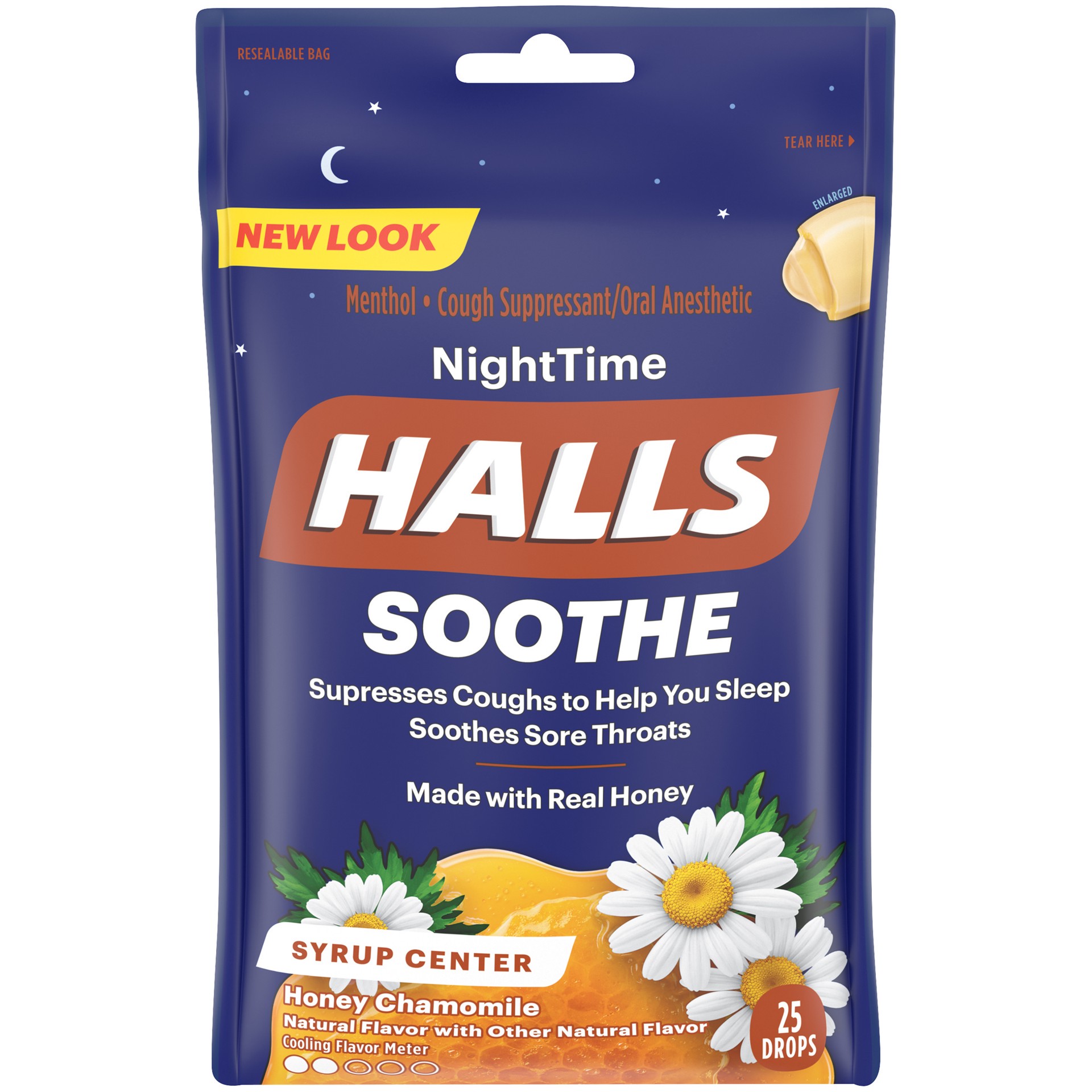 slide 1 of 4, HALLS Soothe Night Time Honey Chamomile Flavor Cough Drops, 1 Bag (25 Total Drops), 0.20 lb