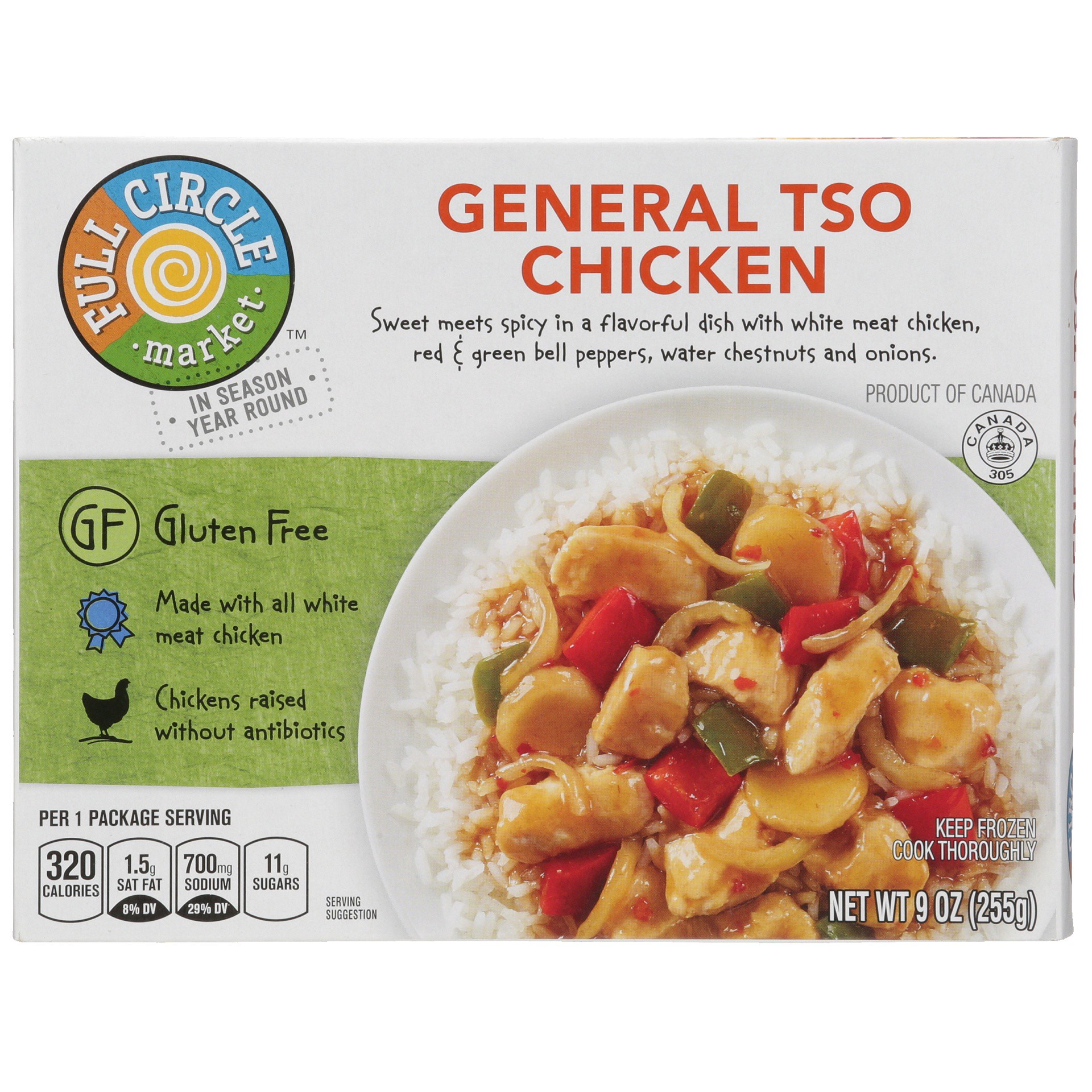 slide 1 of 6, Full Circle Market General Tso Chicken White Meat Chicken, Red & Green Bell Peppers, Water Chestnuts And Onions, 9 oz