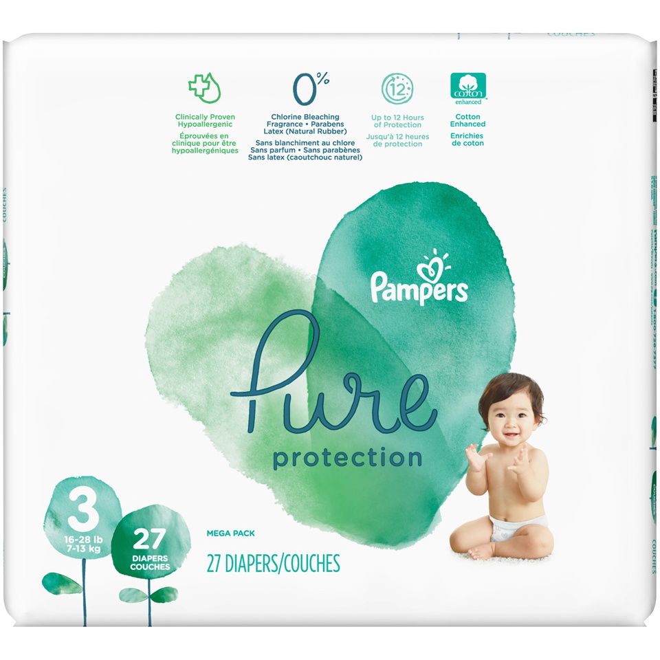 slide 2 of 4, Pampers Pure Protection Mega Pack Diapers Size 3, 27 ct