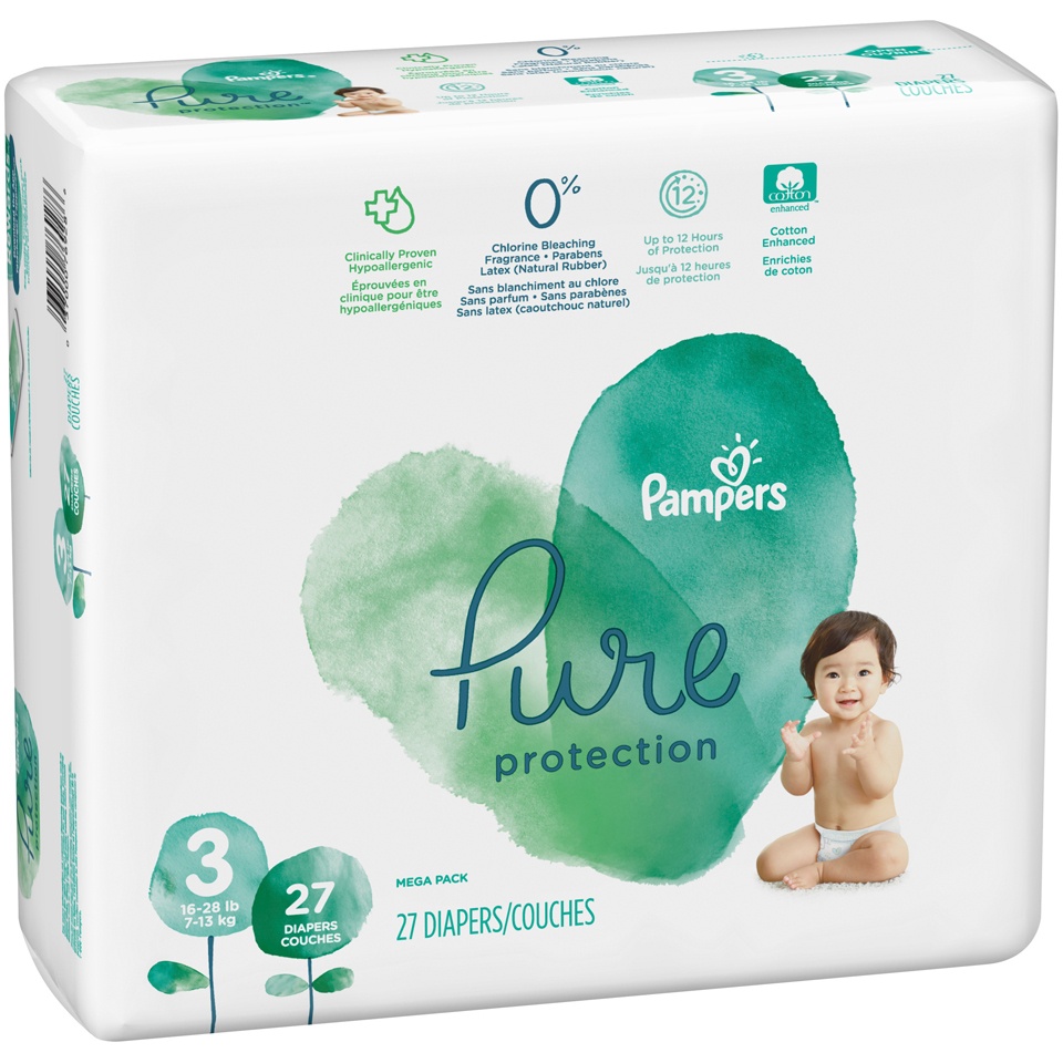 slide 3 of 4, Pampers Pure Protection Mega Pack Diapers Size 3, 27 ct