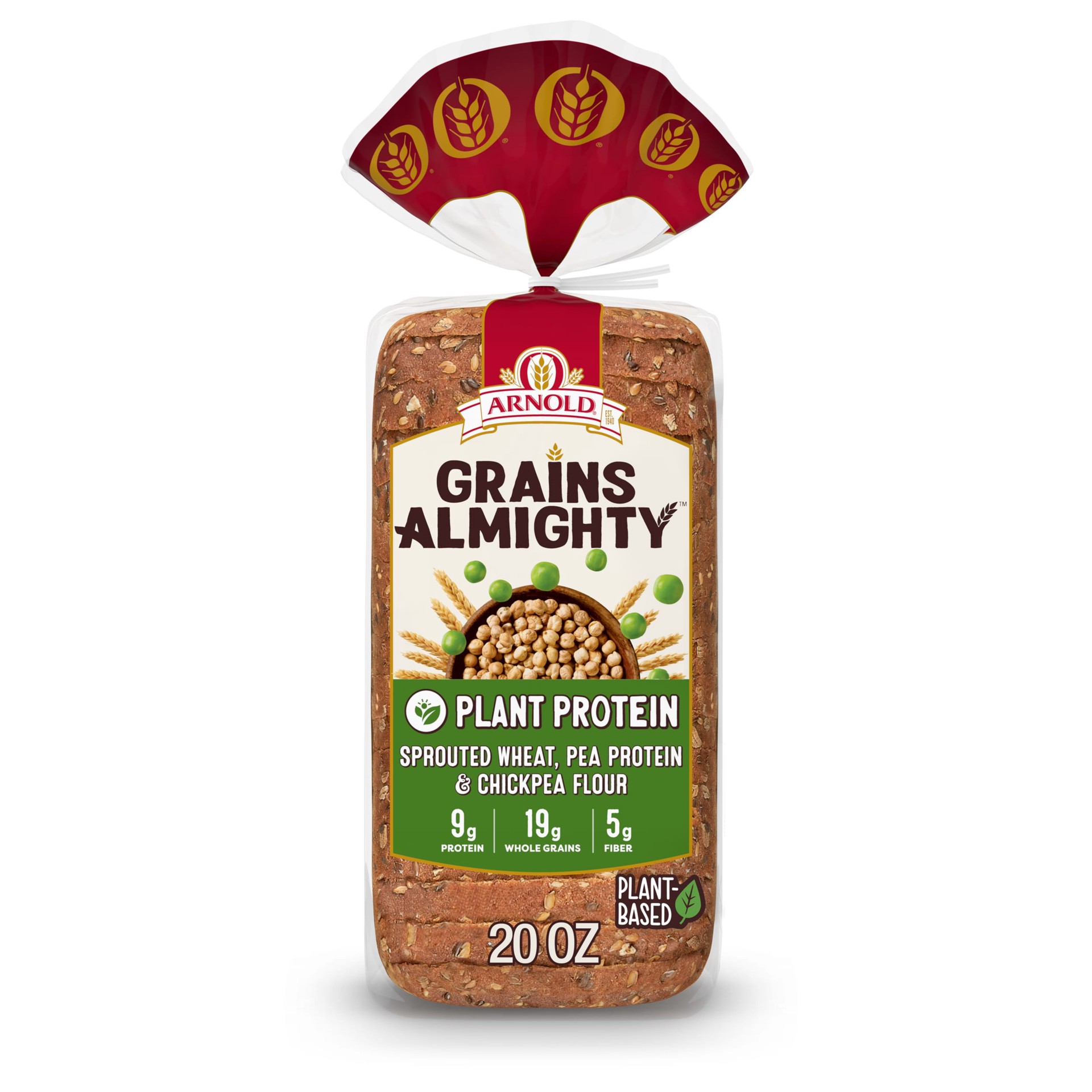 slide 1 of 5, Arnold Grains Almighty Plant Protein Bread, 20 oz, Whole Grains Thin Sliced Protein Bread, Bag, 20 oz
