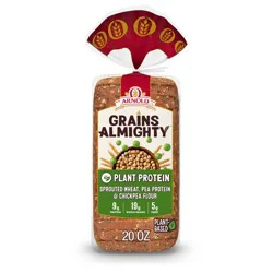 Arnold Grains Almighty Plant Protein Bread, 20 oz, Whole Grains Thin Sliced Protein Bread, Bag