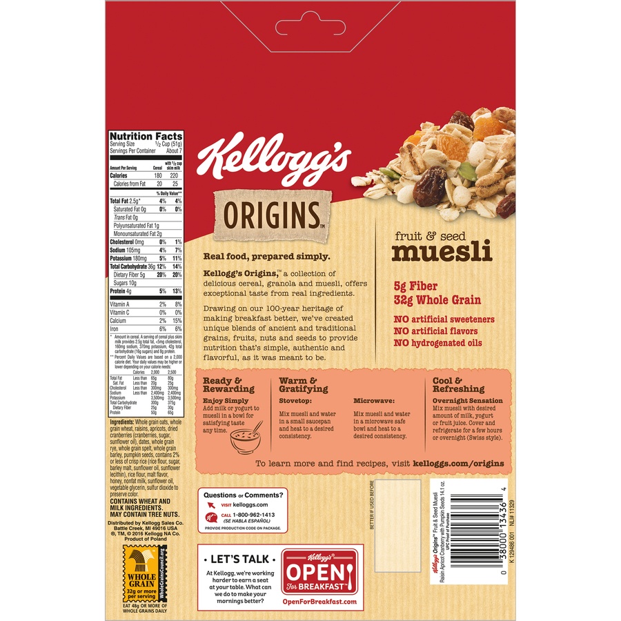 slide 3 of 5, Kellogg's Origins Fruit & Seed Muesli Cereal, 14.1 oz