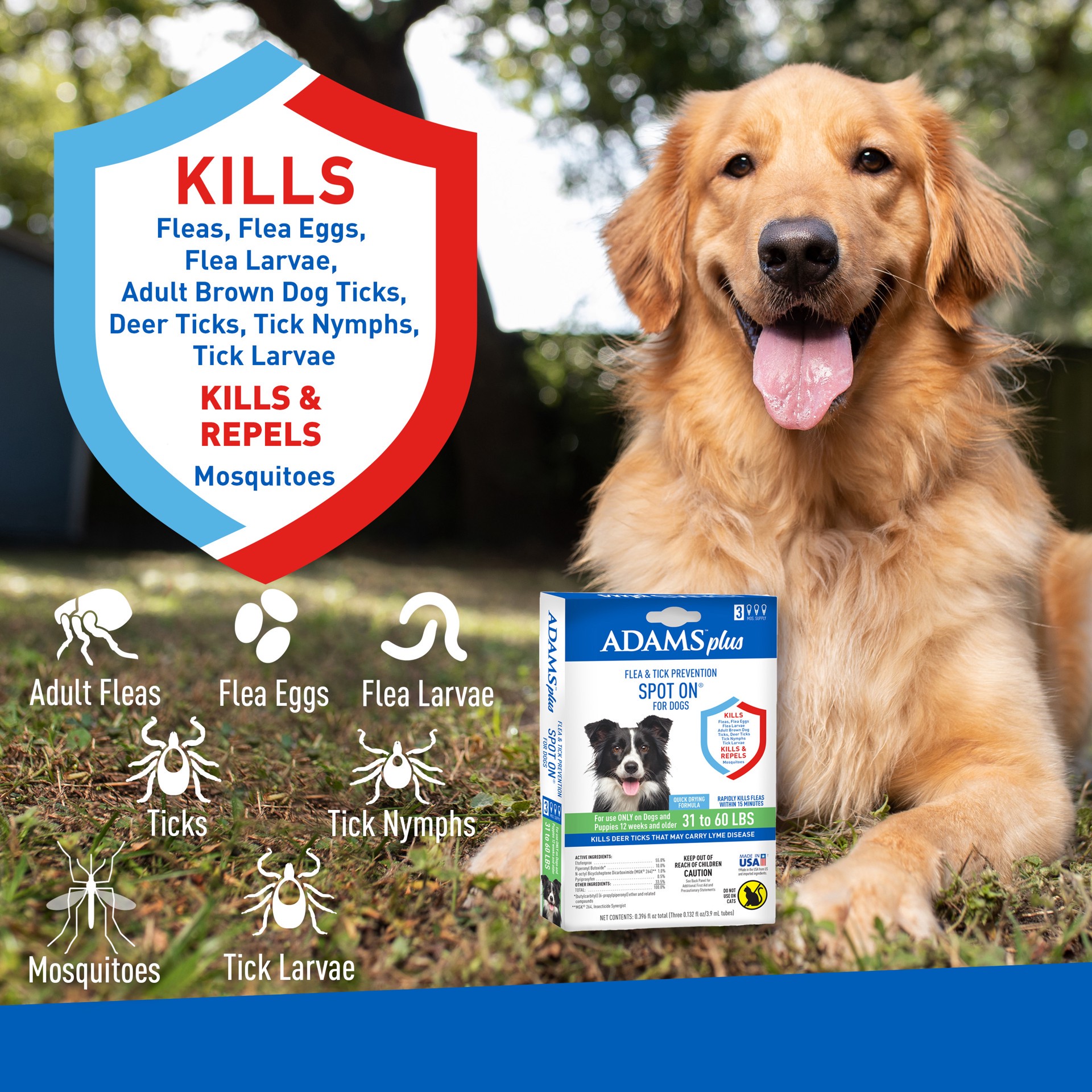 slide 7 of 9, Adams Plus Flea & Tick Prevention Spot On for Dogs, Large Dogs 31 to 60 lbs, 1 ct