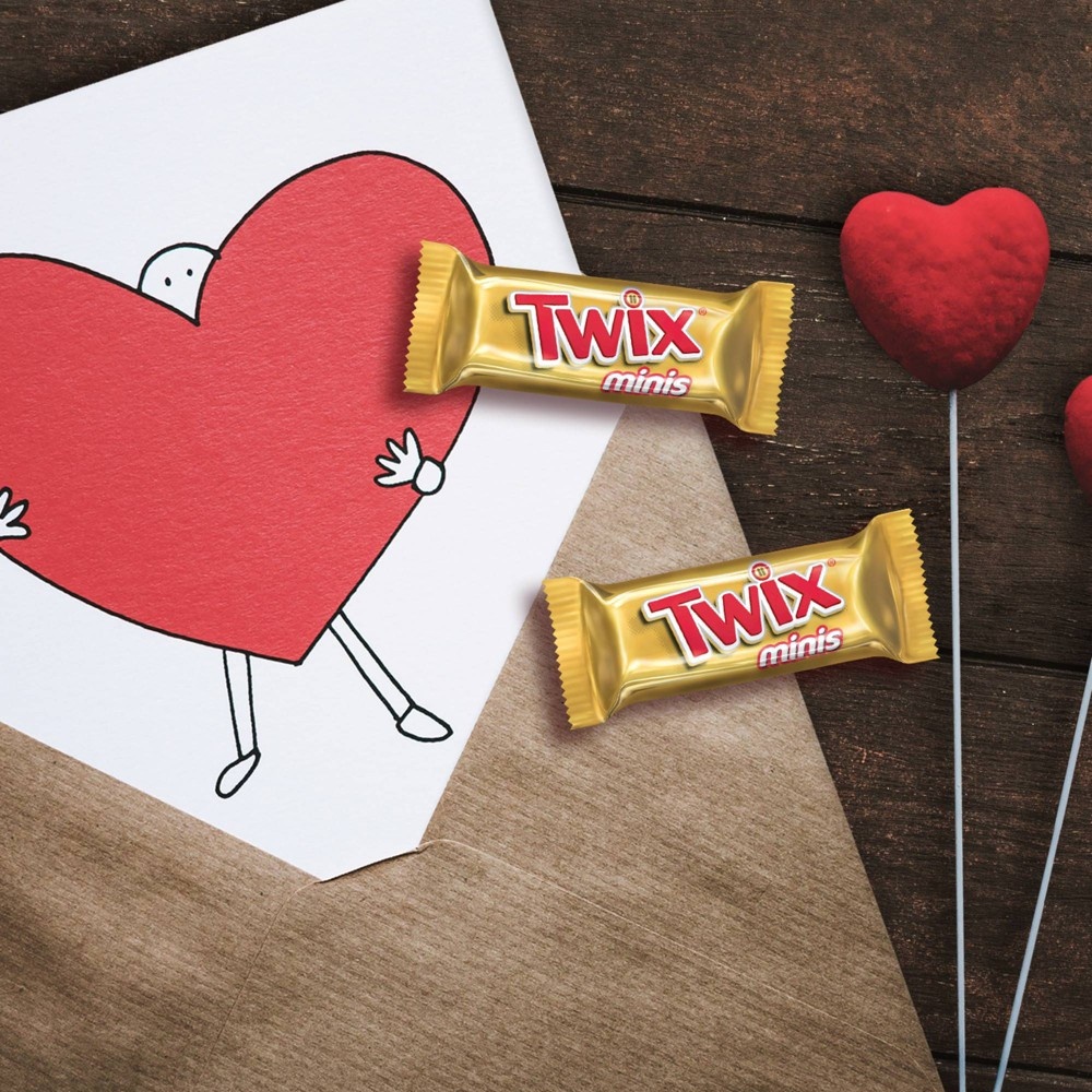slide 5 of 5, TWIX Valentine's Caramel Minis Size Chocolate Cookie Bar Candy Heart Gift Heart, 7.75 oz