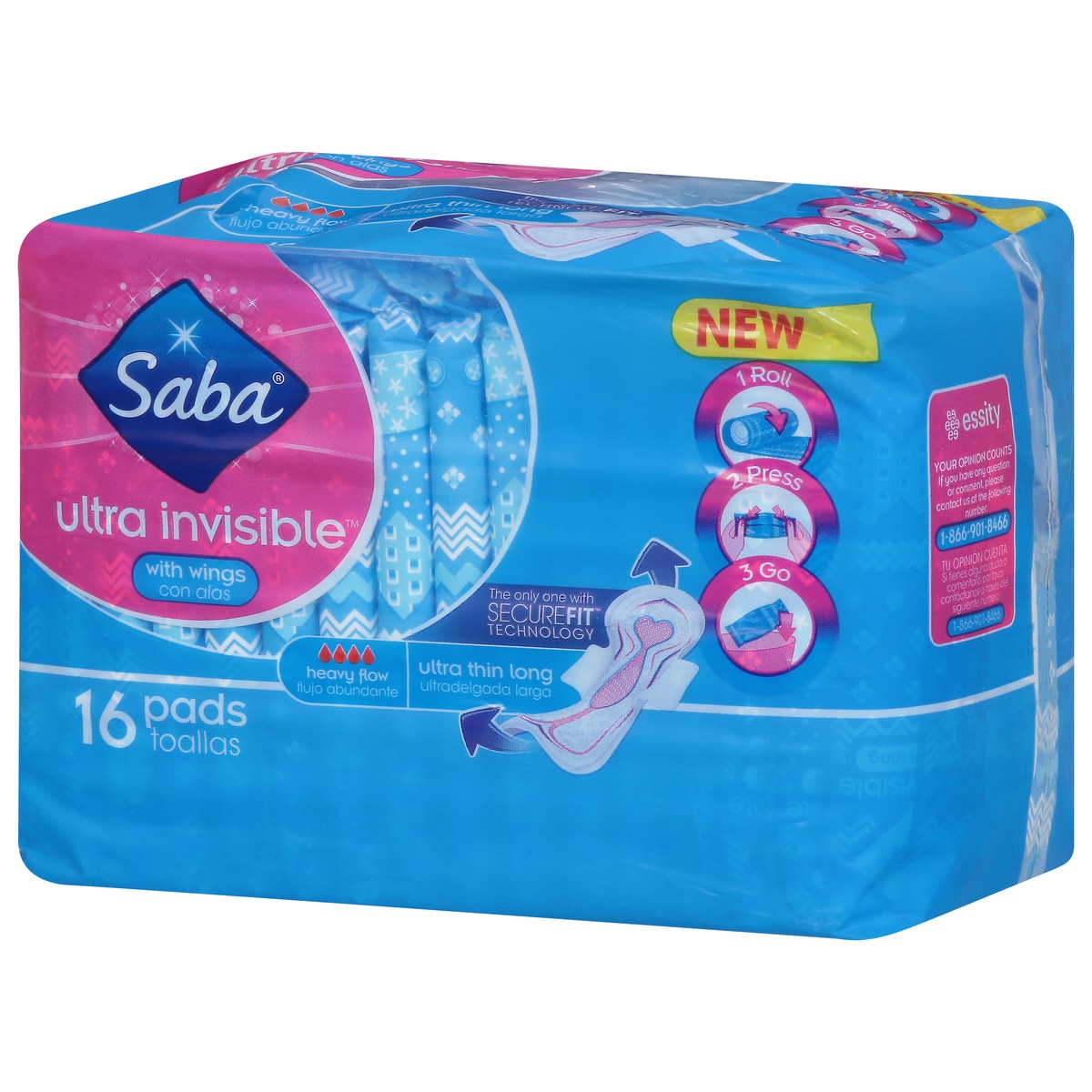 slide 4 of 13, Saba Ultra Invisible Ultra Thin Long Heavy Flow with Wings Pads 16 ea, 1 ct