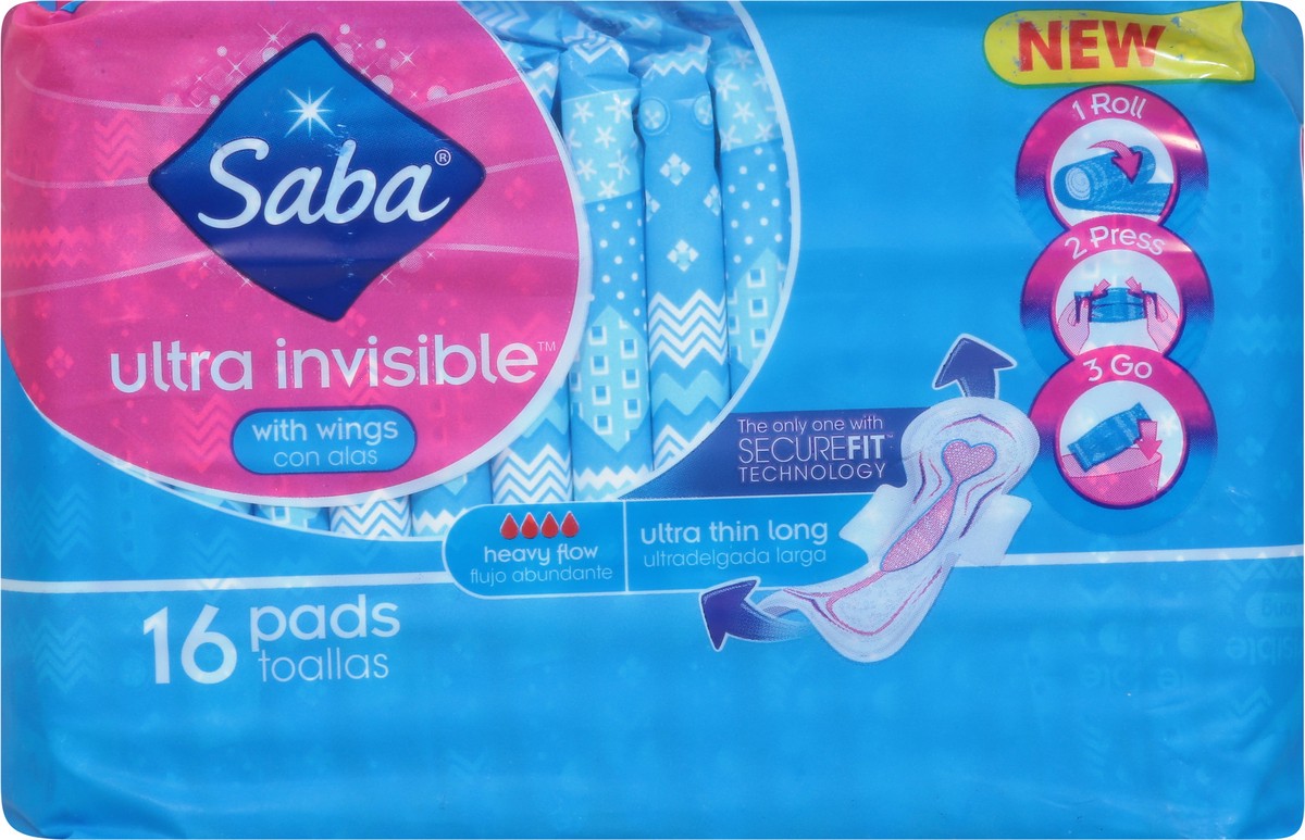 slide 7 of 13, Saba Ultra Invisible Ultra Thin Long Heavy Flow with Wings Pads 16 ea, 16 ct