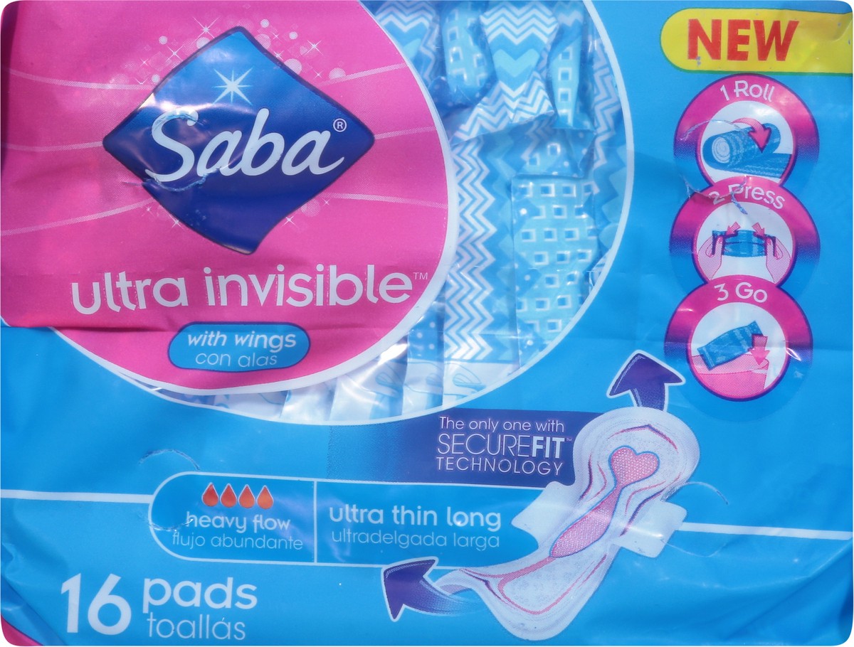 slide 8 of 13, Saba Ultra Invisible Ultra Thin Long Heavy Flow with Wings Pads 16 ea, 16 ct