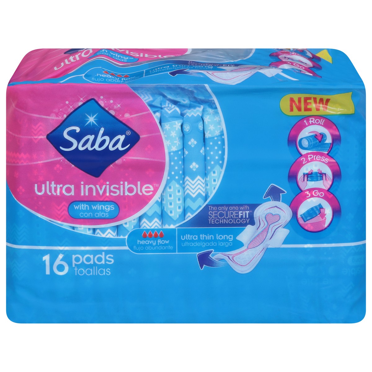 slide 2 of 13, Saba Ultra Invisible Ultra Thin Long Heavy Flow with Wings Pads 16 ea, 16 ct
