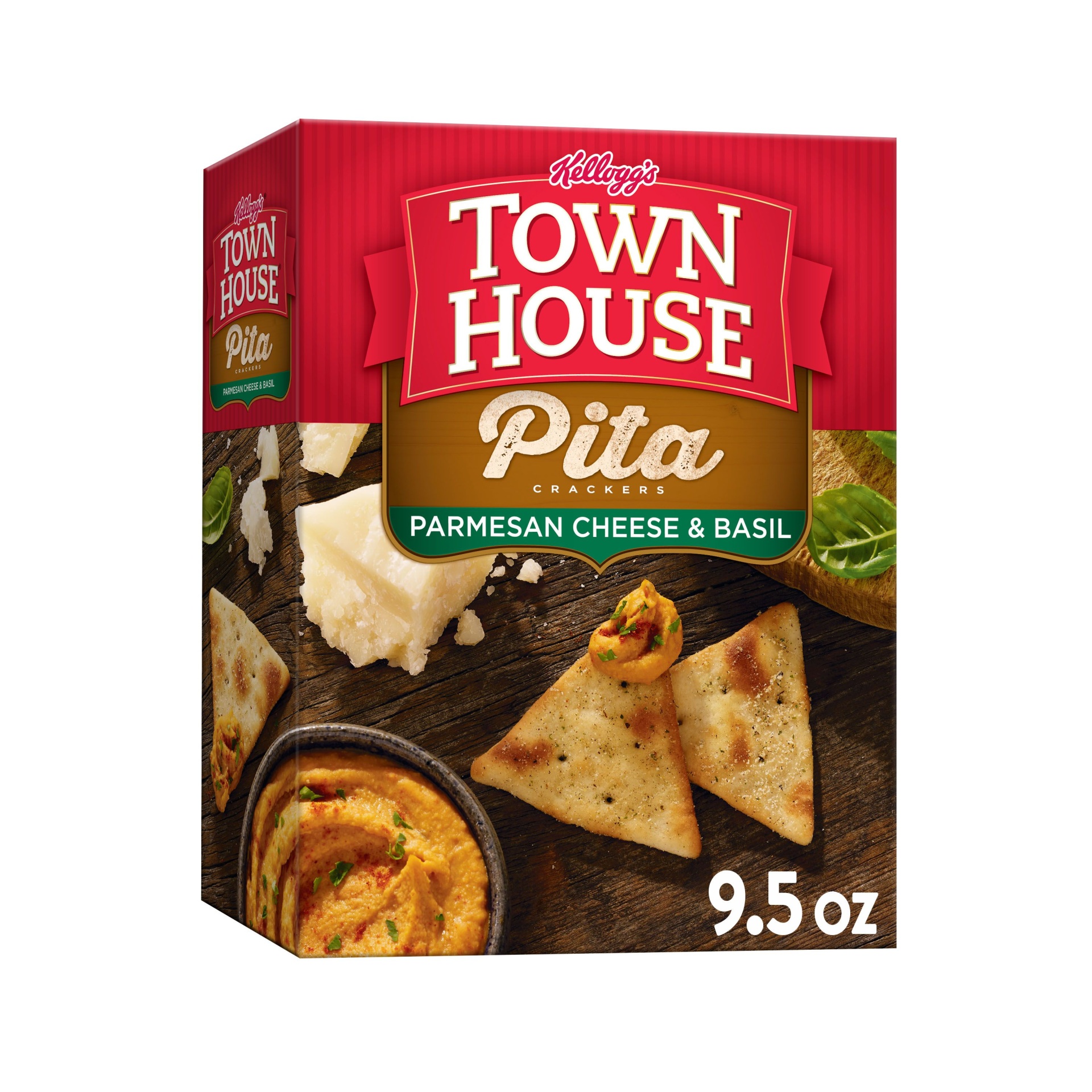 slide 1 of 7, Kellogg's Town House Pita Crackers, Baked Snack Crackers, Parmesan Cheese & Basil, 9.5 oz