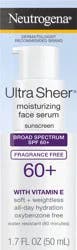 Neutrogena Ultra Sheer Moisturizing Face Serum with Vitamin E & SPF 60+, All Day Facial Sunscreen Serum with Broad Spectrum UVA/UVB Protection, Fragrance-Free, Oxybenzone-Free, 1.7 oz
