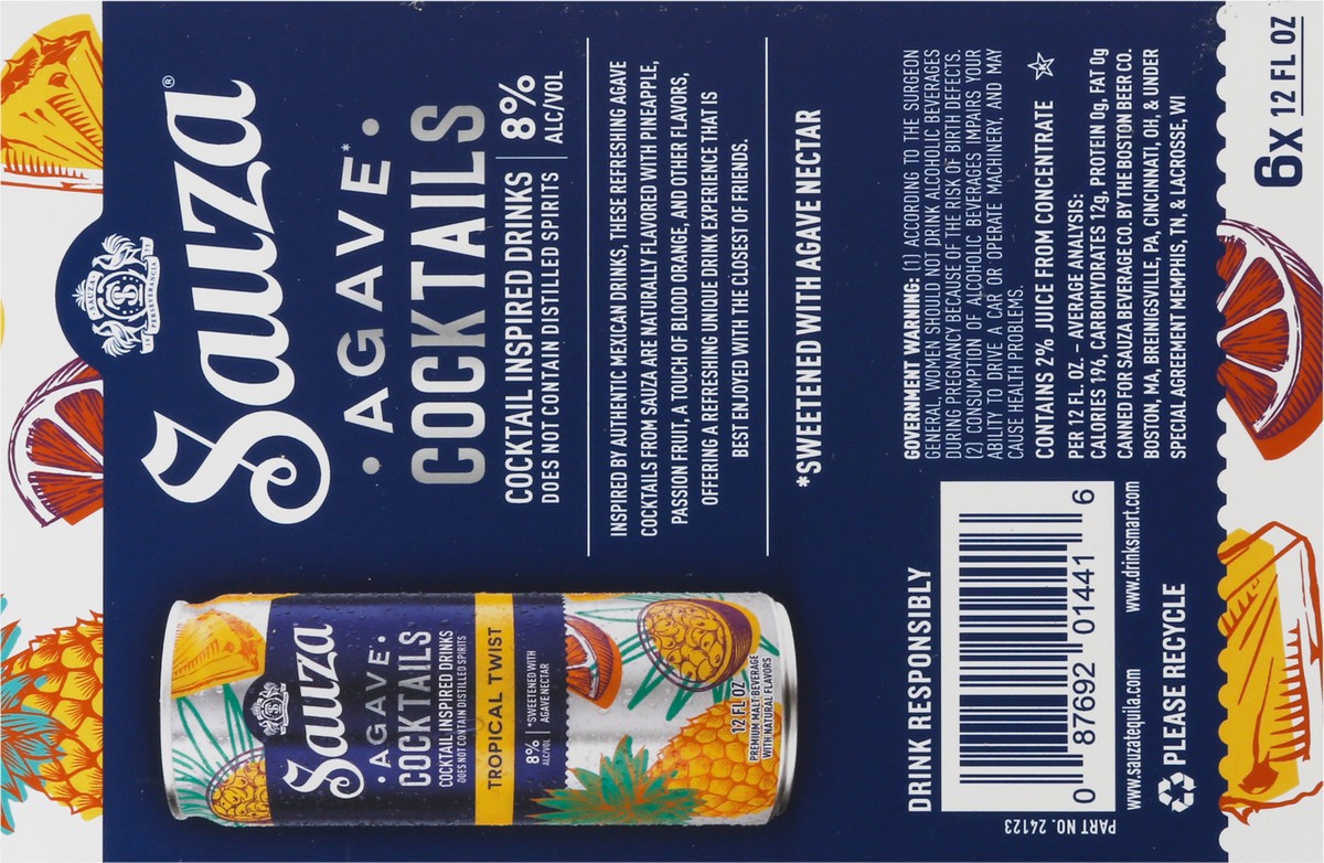 slide 4 of 9, Sauza Agave Cocktails Tropical Twist 8% ABV (12 fl. oz. Can, 6pk.), 72 oz