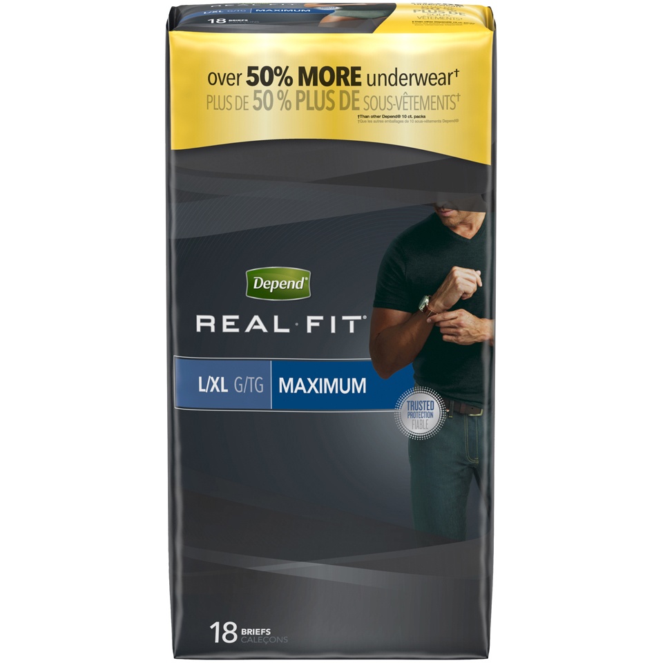 slide 1 of 3, Depend Real Fit Briefs for Men L/XL, 18 ct