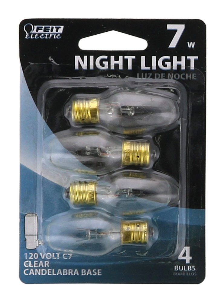 slide 1 of 1, Feit Electric Light Bulb, Night Light, Clear, Candelabra Base, 7 Watts, 4 ct