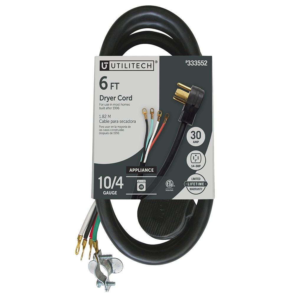 slide 1 of 4, Utilitech 6-ft 30 -Amp 4 -Prong Black Dryer Appliance Power Cord, 1 ct