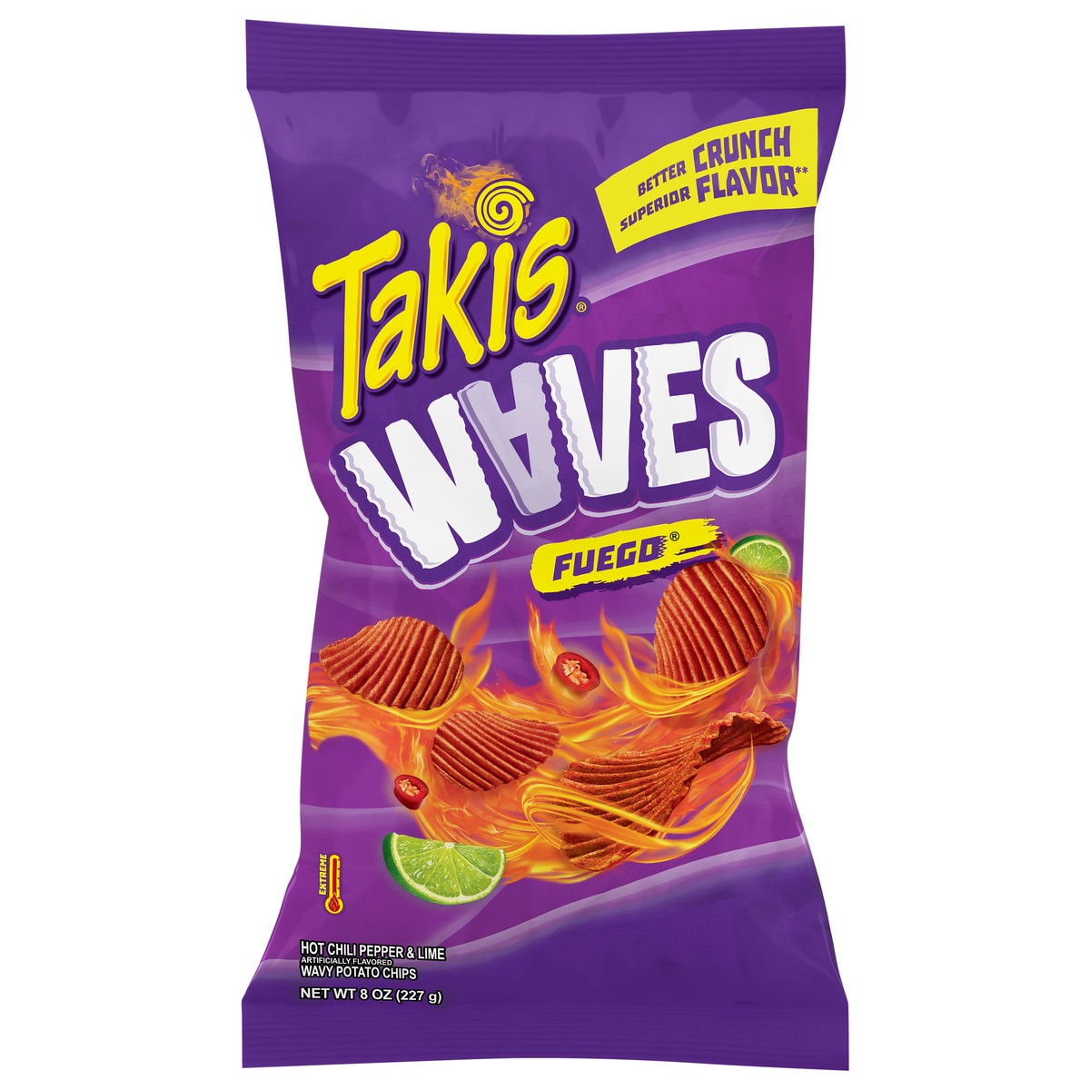 slide 1 of 16, Takis Fuego Waves 8 oz Sharing Size Bag, Hot Chili Pepper & Lime Flavored Extreme Spicy Wavy Potato Chips, 8 oz