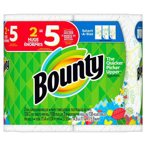 slide 1 of 1, Bounty Select-A-Size Paper Towels, Print, Double Plus Rolls, 2 ct