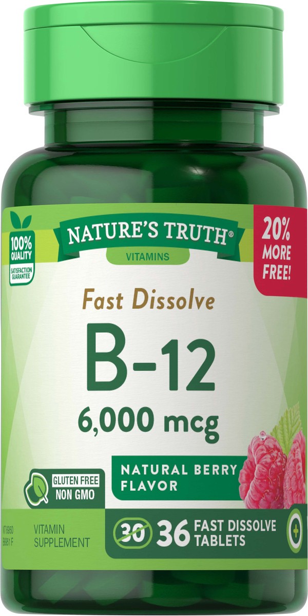 slide 4 of 5, Nature's Truth Vitamin B-12, Sublingual, 6000 Mcg, Fast Dissolve Tabs, Natural Berry Flavor, 36 ct