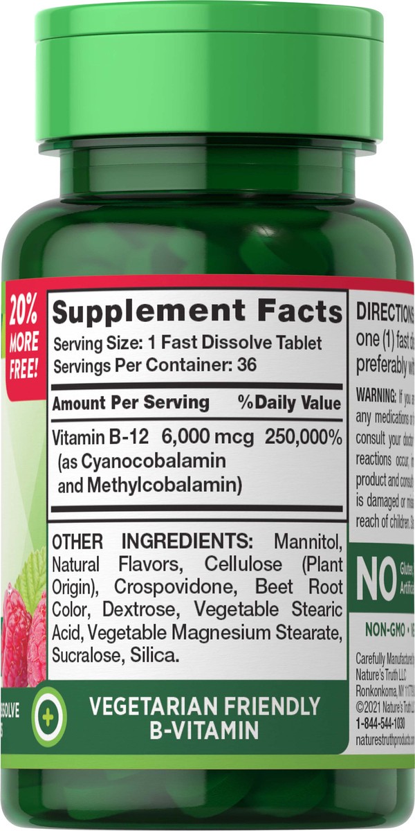 slide 5 of 5, Nature's Truth Vitamin B-12, Sublingual, 6000 Mcg, Fast Dissolve Tabs, Natural Berry Flavor, 36 ct