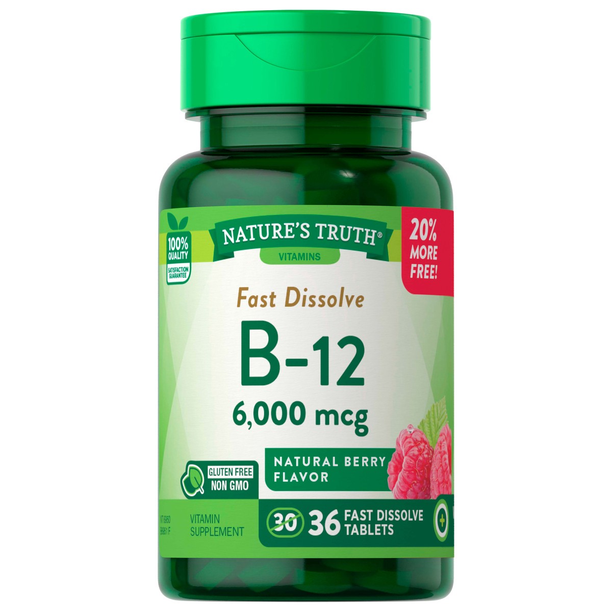 slide 1 of 5, Nature's Truth Vitamin B-12, Sublingual, 6000 Mcg, Fast Dissolve Tabs, Natural Berry Flavor, 36 ct