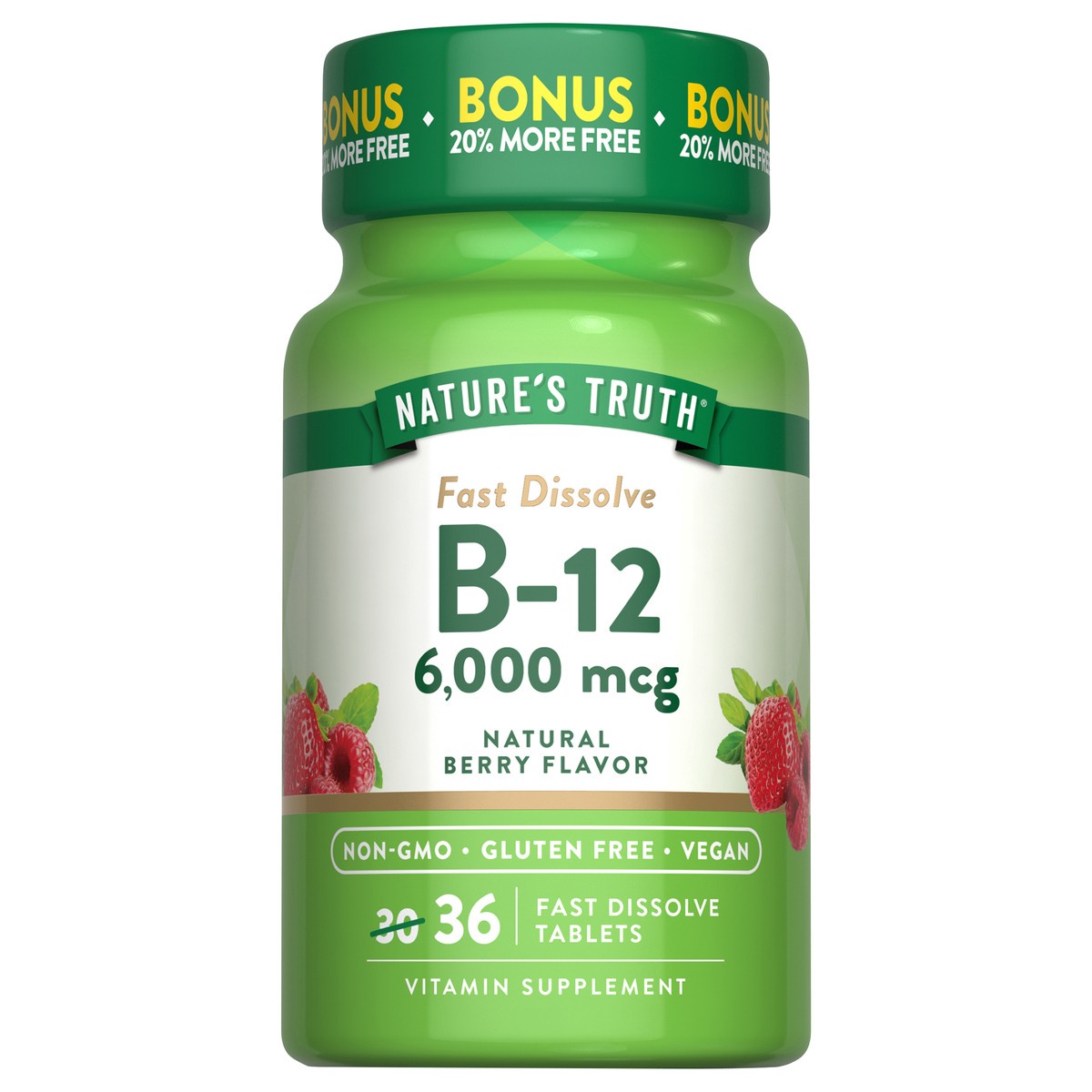 slide 1 of 5, Nature's Truth Vitamin B-12, Sublingual, 6000 Mcg, Fast Dissolve Tabs, Natural Berry Flavor, 36 ct