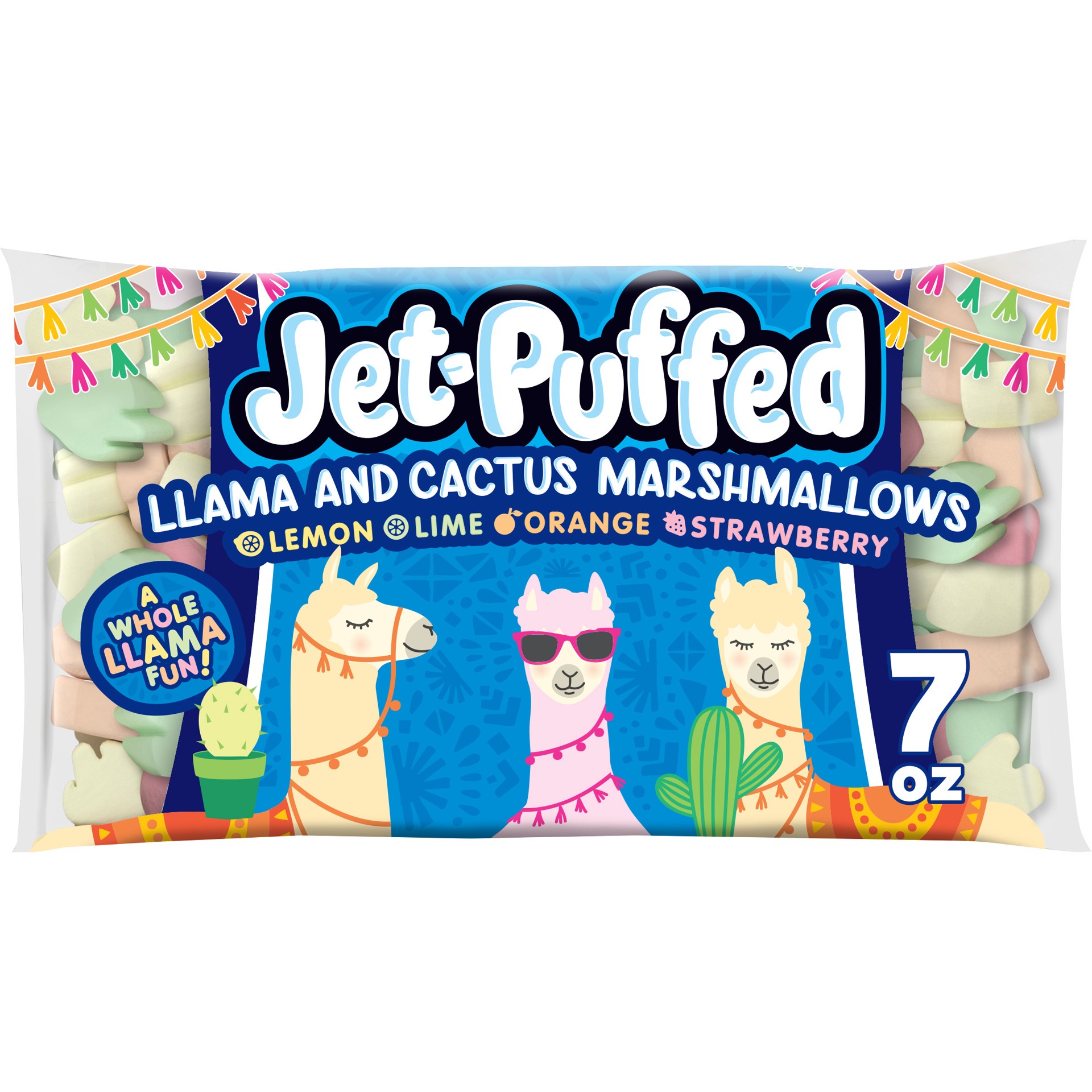 slide 1 of 6, Jet-Puffed Llama and Cactus Shaped Lemon, Lime, Orange and Strawberry Flavored Marshmallows, 7 oz Bag, 7 oz