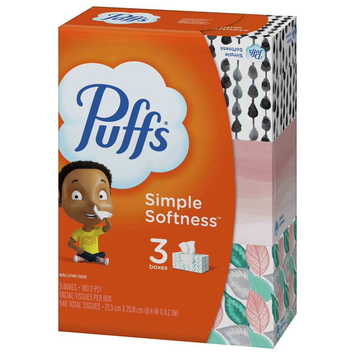 slide 3 of 5, Puffs Simple Softness Non-Lotion Facial Tissue, 3 Family Size Boxes, 180 Tissues Per Box, 3 ct