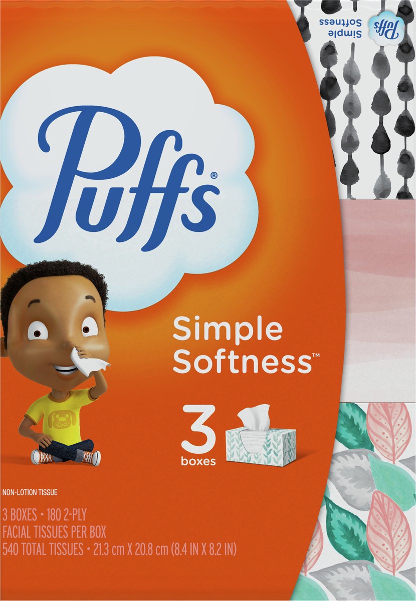 slide 5 of 5, Puffs Simple Softness Non-Lotion Facial Tissue, 3 Family Size Boxes, 180 Tissues Per Box, 3 ct