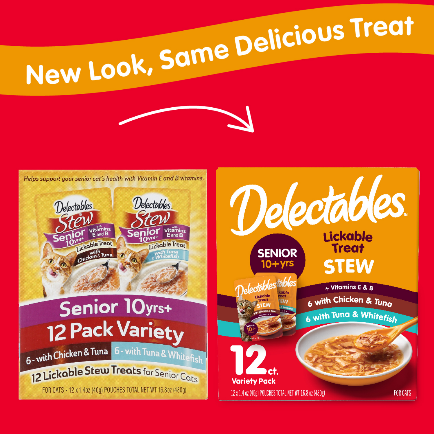 slide 2 of 2, Delectables Stew Senior 10+Yrs with Chicken & Tuna/with Tuna & Whitefish Lickable Treat Variety Pack 12 - 1.4 oz Pouches, 12 ct