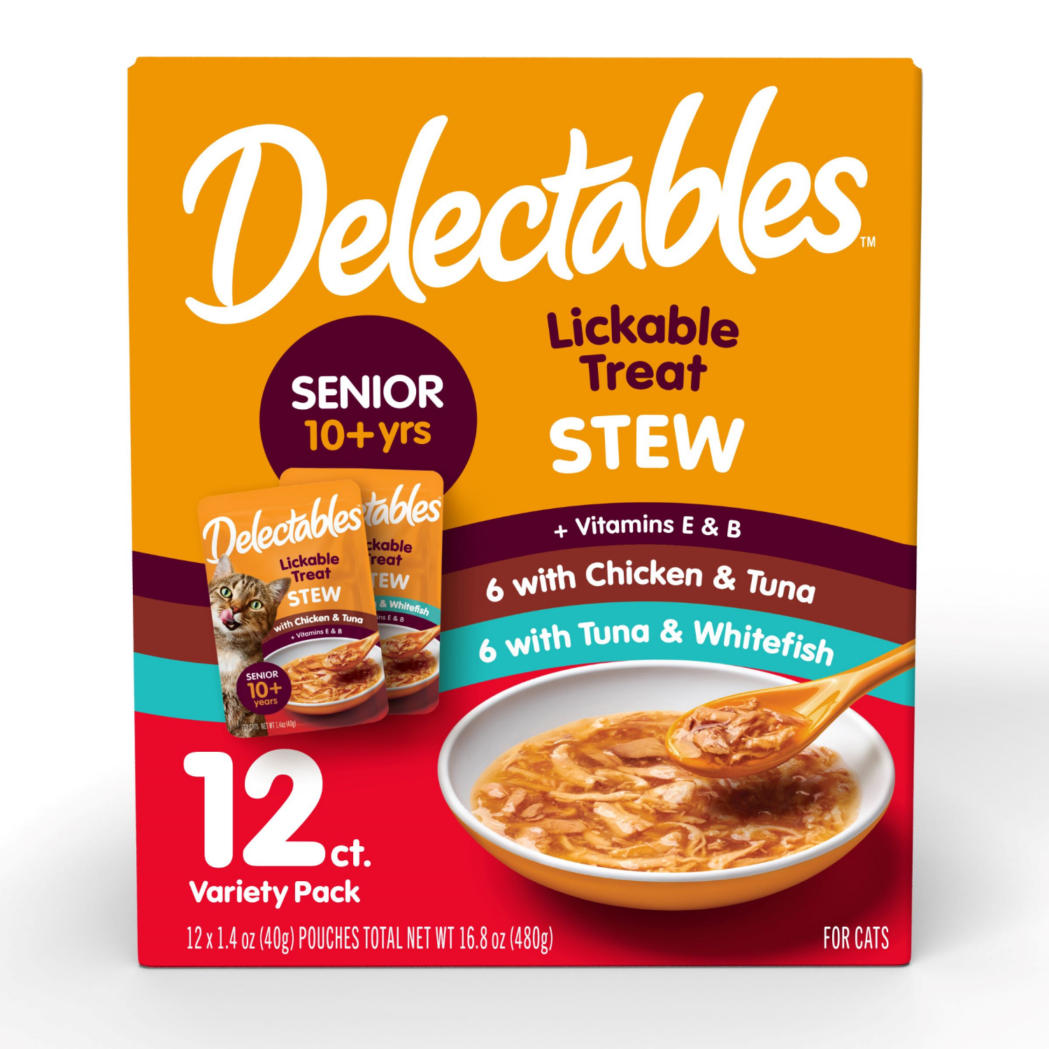 slide 1 of 2, Delectables Stew Senior 10+Yrs with Chicken & Tuna/with Tuna & Whitefish Lickable Treat Variety Pack 12 - 1.4 oz Pouches, 12 ct