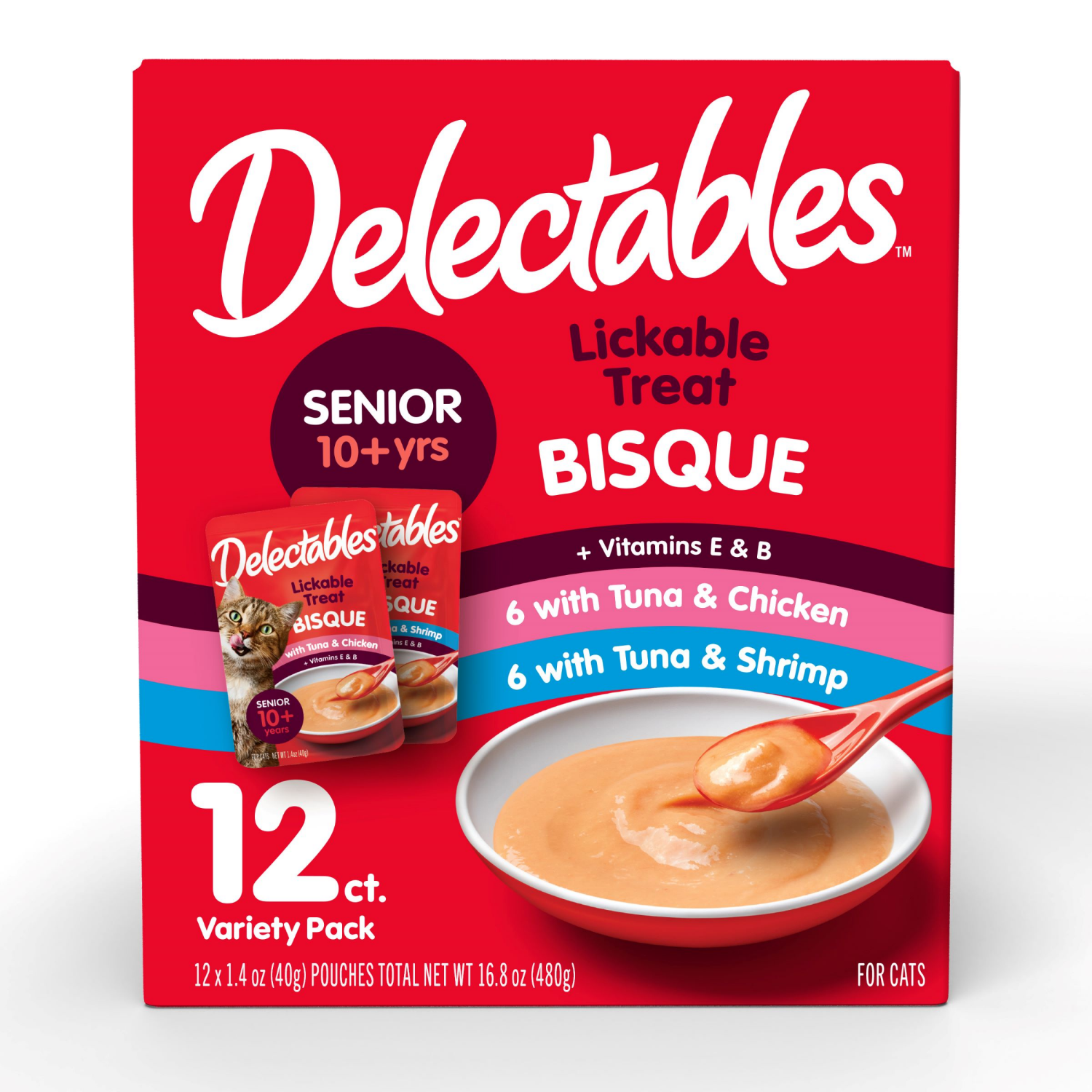 slide 1 of 2, Delectables Hartz Delectables Bisque Senior Tuna, Chicken & Shrimp Lickable Cat Treats Variety Pack, 12ct, 12 ct